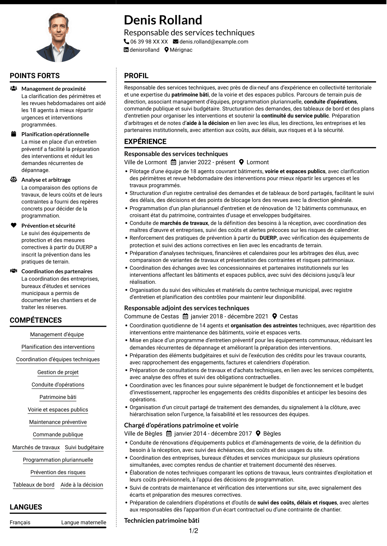 CV Moderne (format à deux colonnes avec photo à gauche et séparateur) : Responsable des services techniques - Patrimoine bâti et travaux, page 1