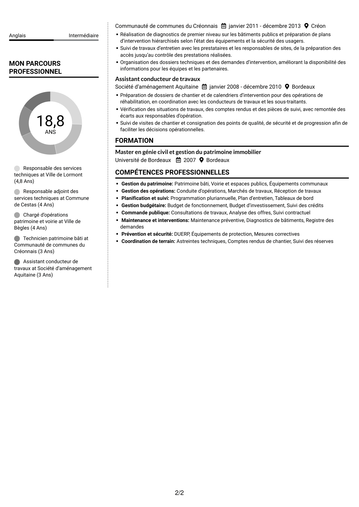 CV Moderne (format à deux colonnes avec photo à gauche et séparateur) : Responsable des services techniques - Patrimoine bâti et travaux, page 2
