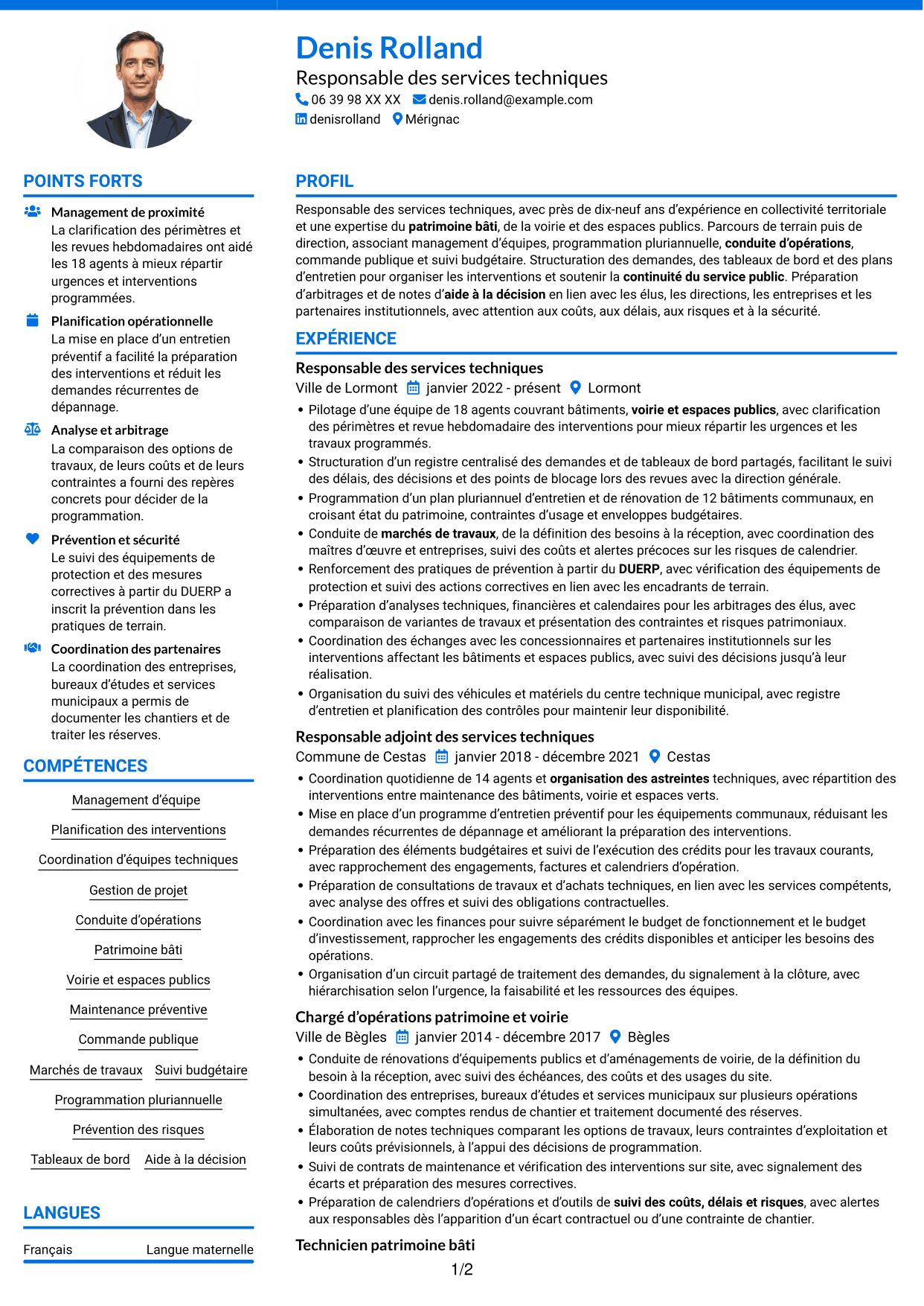 CV Audacieux (format à deux colonnes avec accents colorés et photo) : Responsable des services techniques - Patrimoine bâti et travaux, page 1
