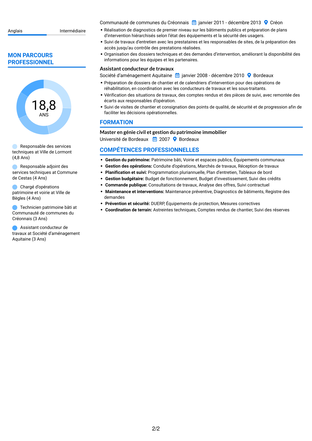 CV Audacieux (format à deux colonnes avec accents colorés et photo) : Responsable des services techniques - Patrimoine bâti et travaux, page 2