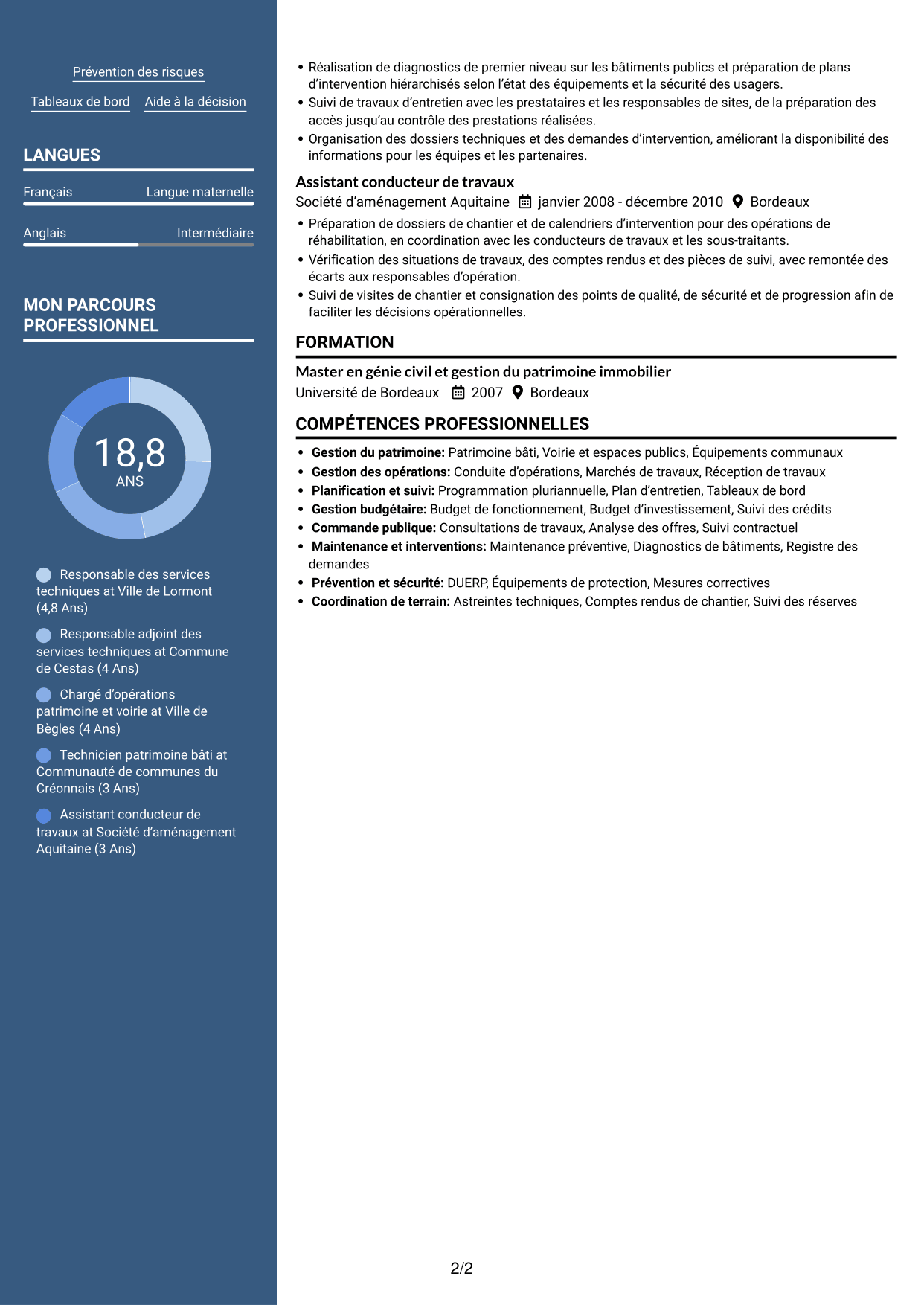 CV Signature (format à colonne latérale colorée avec grande photo) : Responsable des services techniques - Patrimoine bâti et travaux, page 2