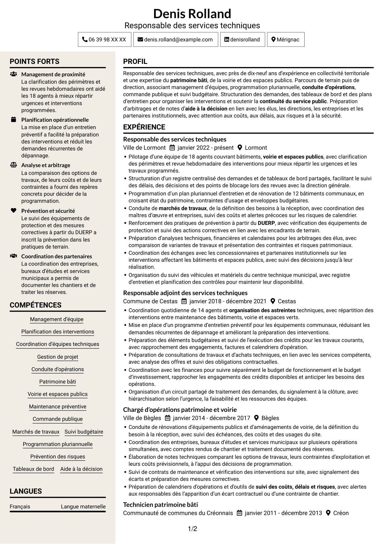 CV Fonceur (format à deux colonnes avec en-tête centré sans photo) : Responsable des services techniques - Patrimoine bâti et travaux, page 1