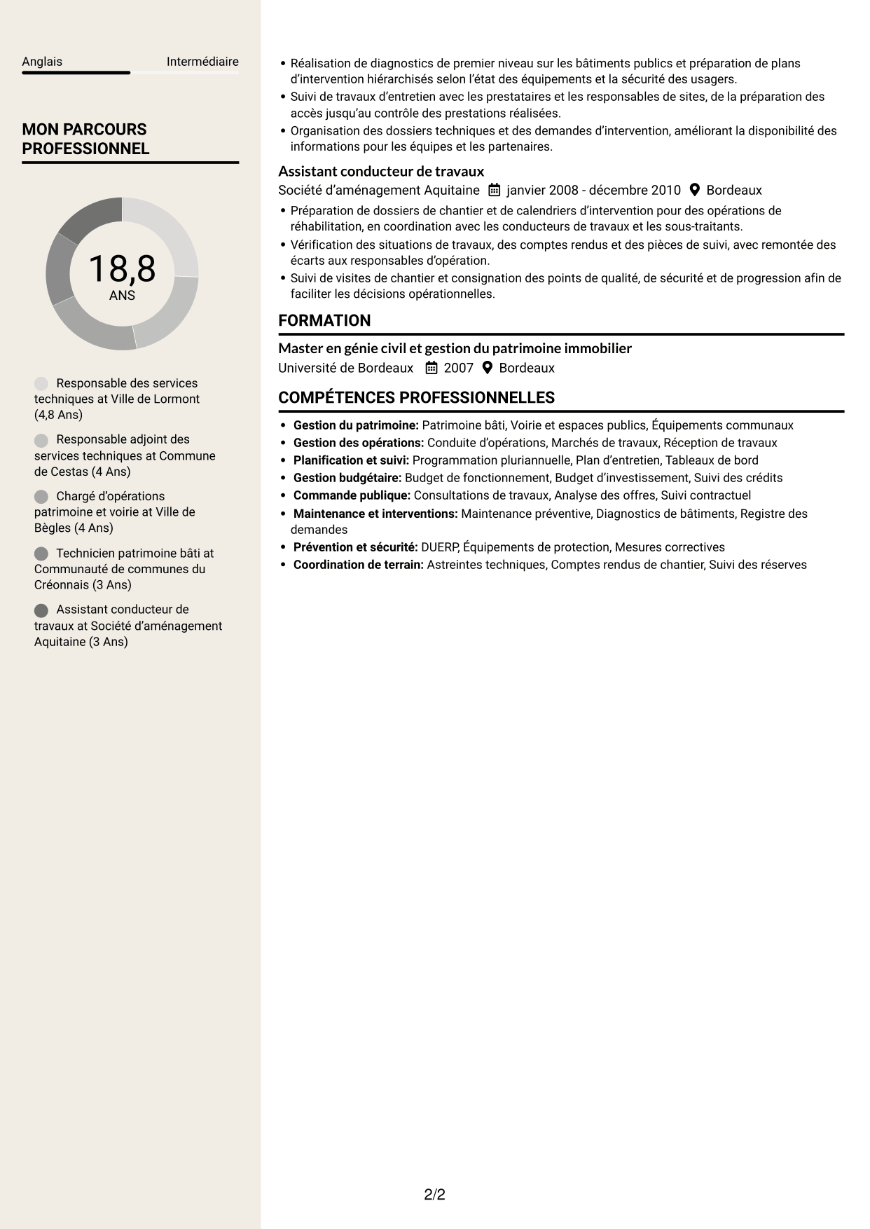 CV Fonceur (format à deux colonnes avec en-tête centré sans photo) : Responsable des services techniques - Patrimoine bâti et travaux, page 2