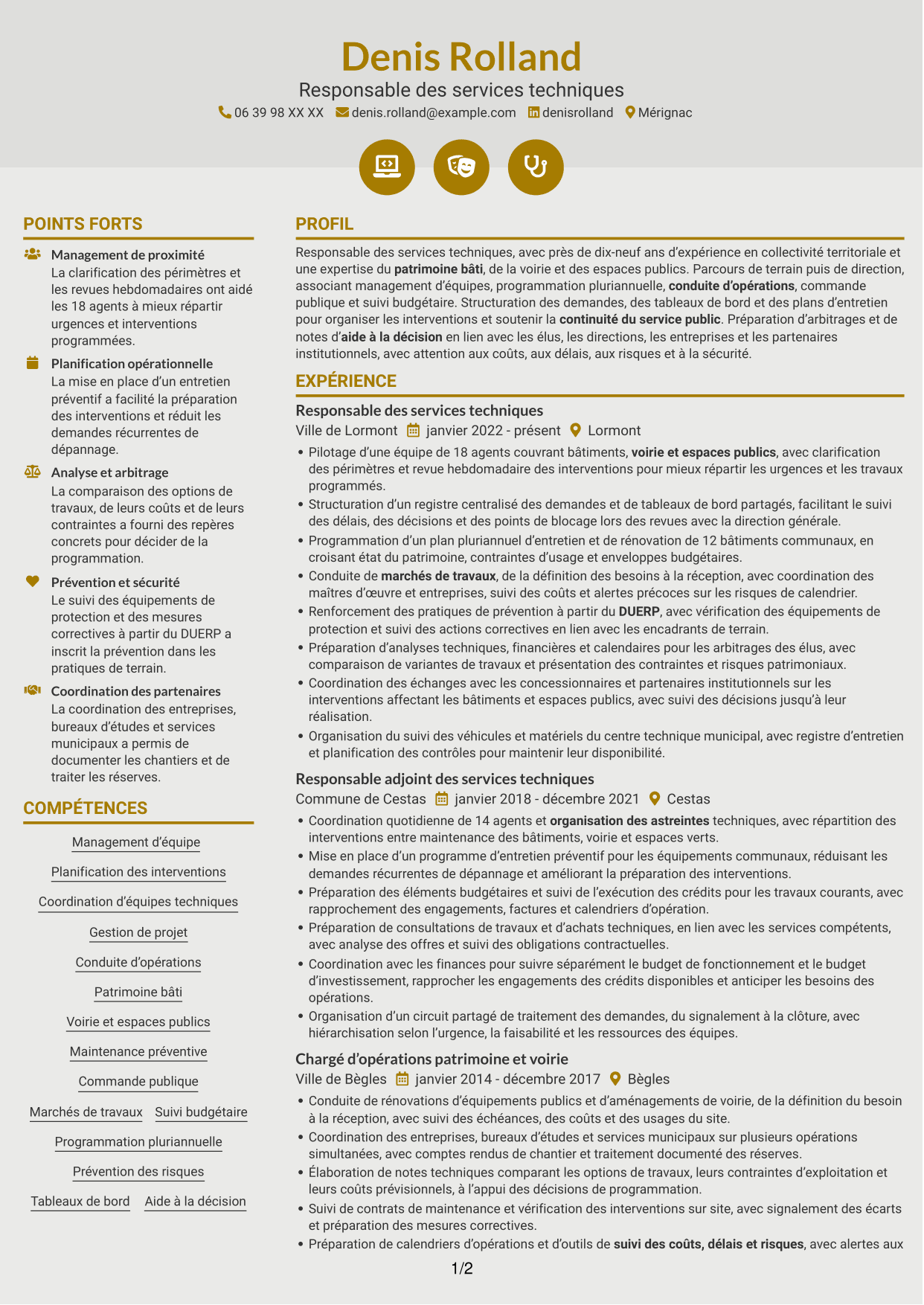 CV Dynamique (format à deux colonnes avec icônes) : Responsable des services techniques - Patrimoine bâti et travaux, page 1