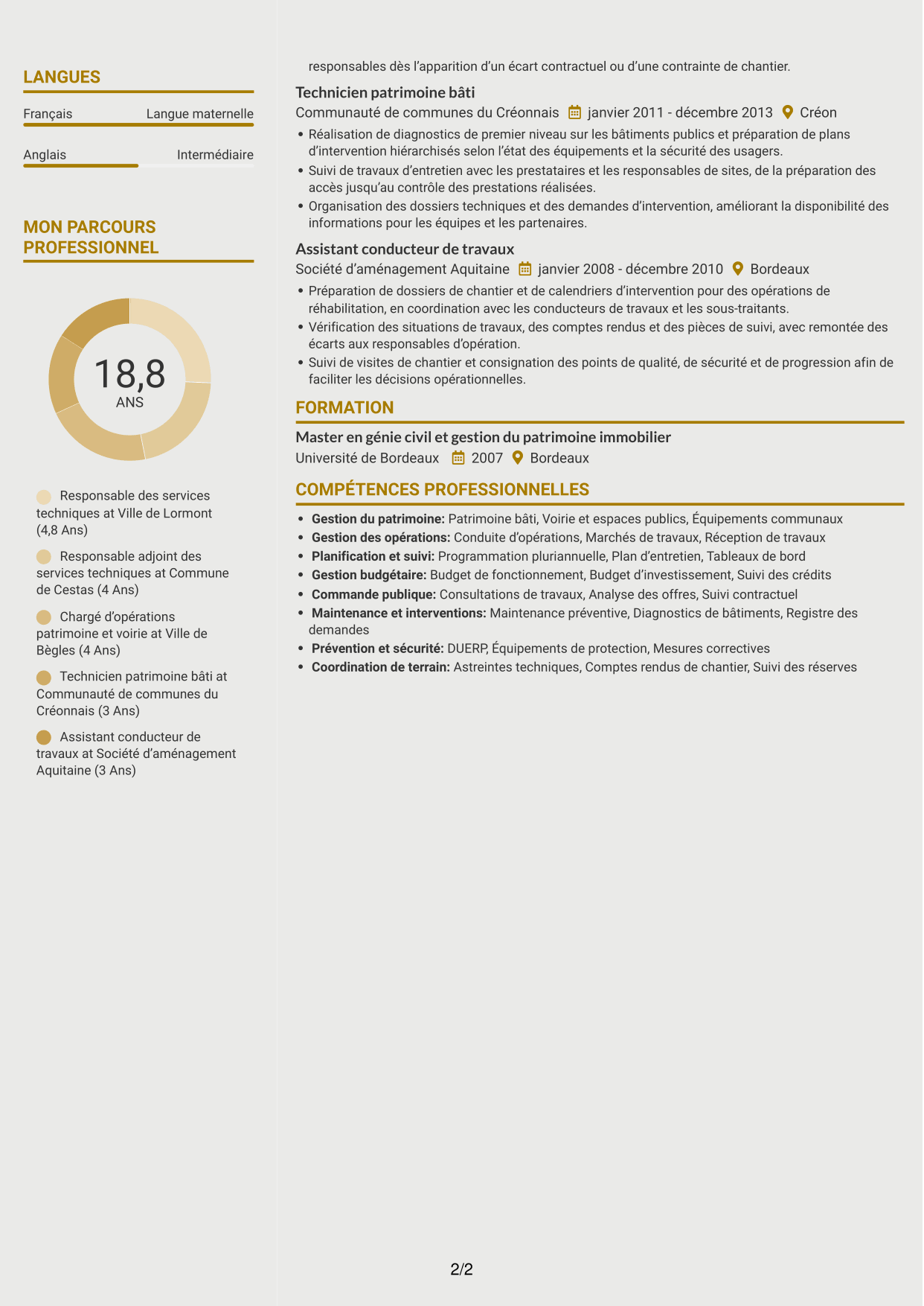 CV Dynamique (format à deux colonnes avec icônes) : Responsable des services techniques - Patrimoine bâti et travaux, page 2