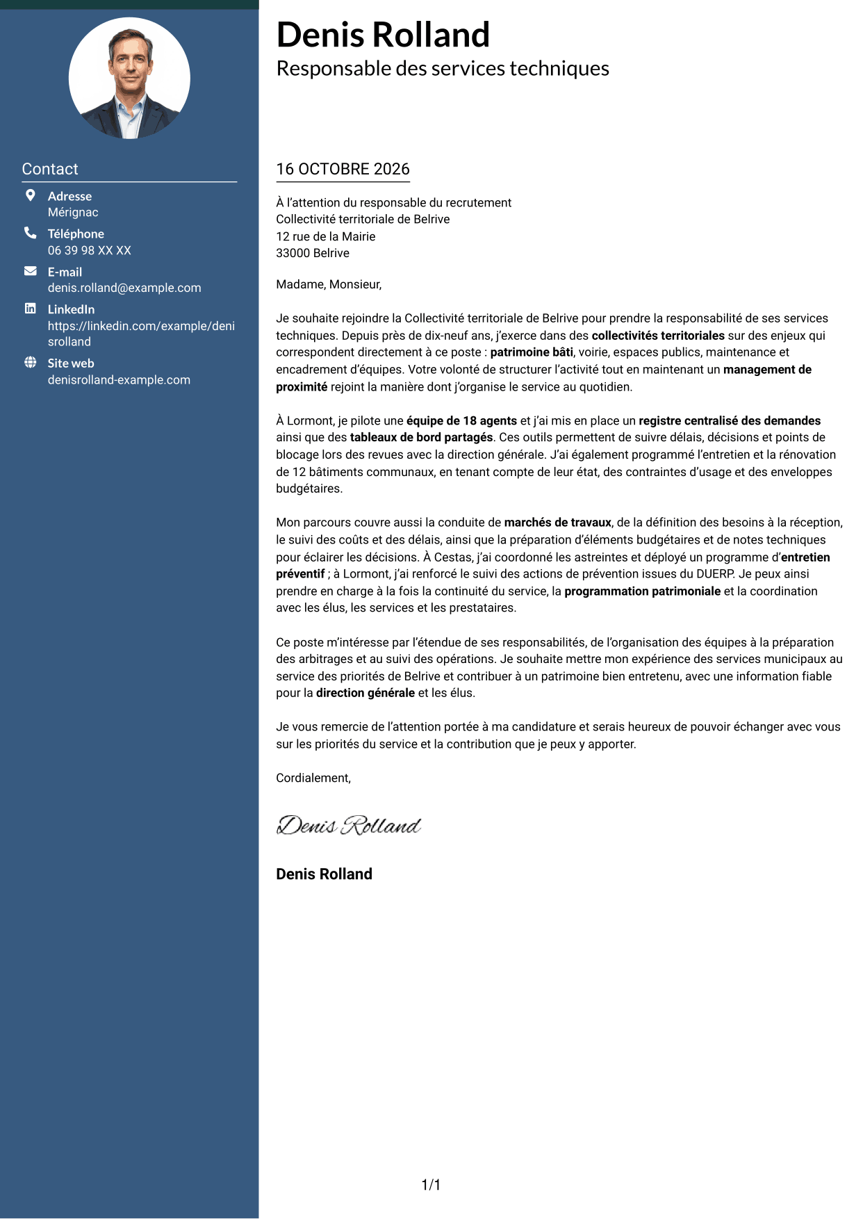 Lettre de motivation Élégant (format à colonne latérale colorée avec photo) : Responsable des services techniques - Patrimoine bâti et travaux, page 1
