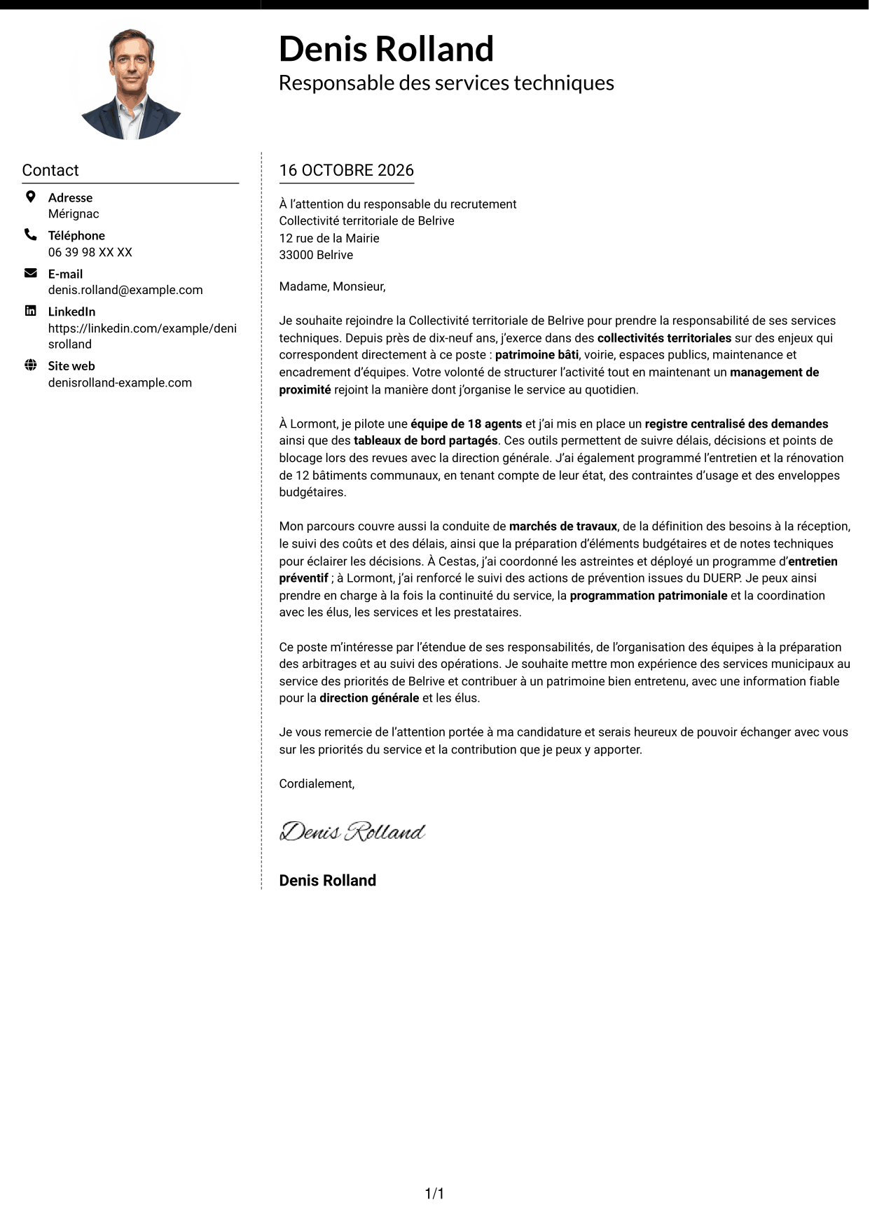 Lettre de motivation Moderne (format à deux colonnes avec photo à gauche et séparateur) : Responsable des services techniques - Patrimoine bâti et travaux, page 1