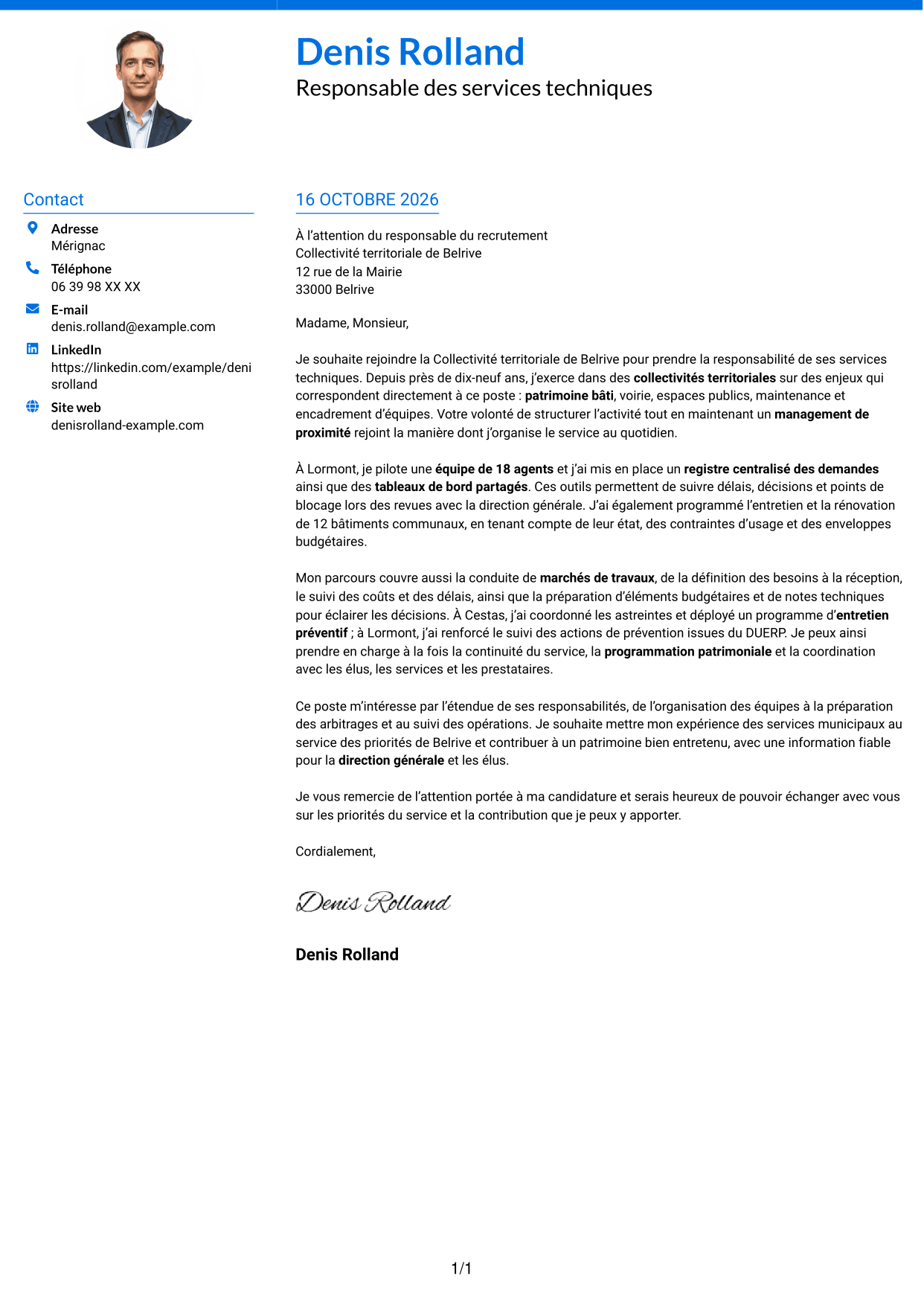 Lettre de motivation Audacieux (format à deux colonnes avec accents colorés et photo) : Responsable des services techniques - Patrimoine bâti et travaux, page 1