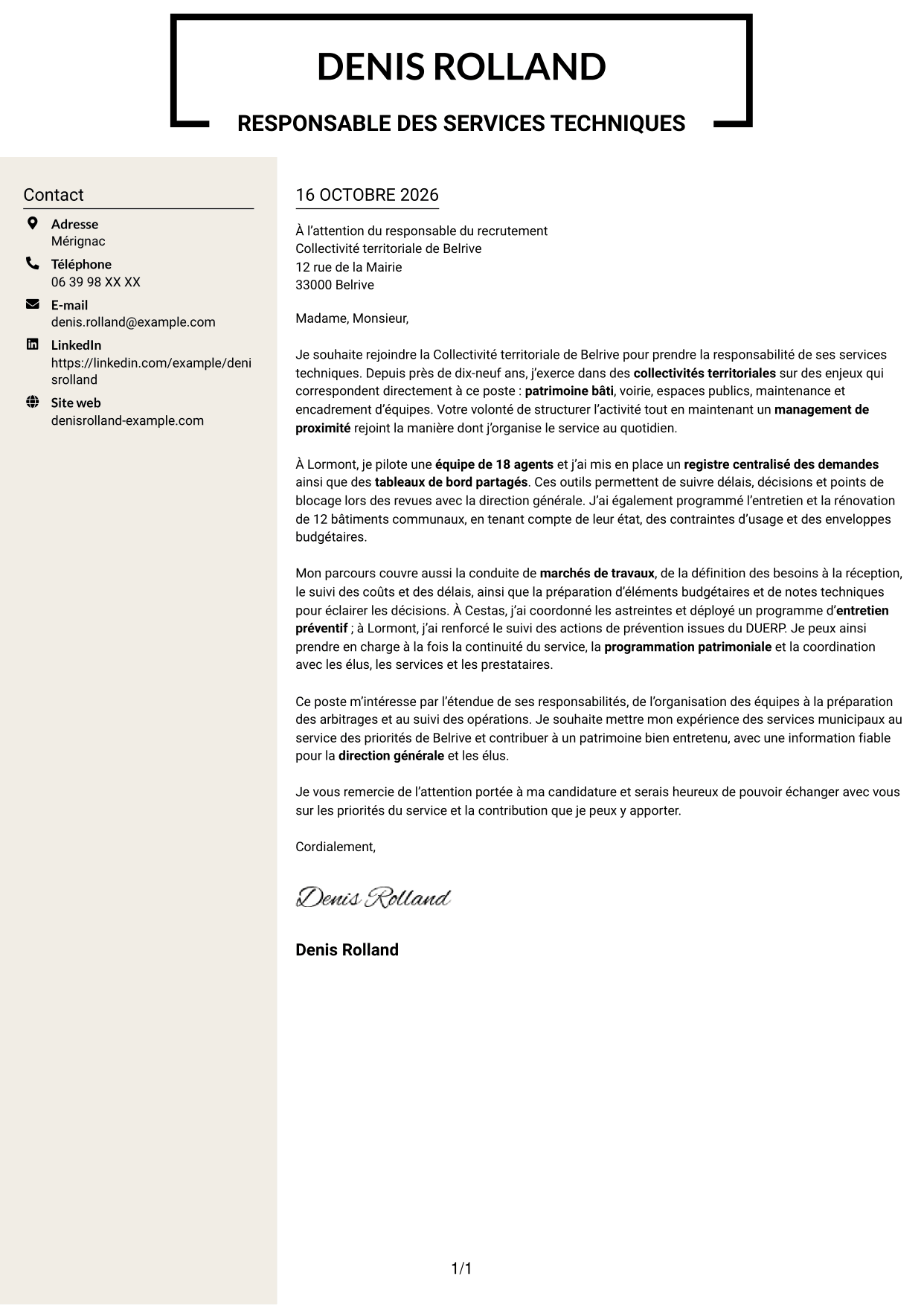 Lettre de motivation Fonceur (format à deux colonnes avec en-tête centré sans photo) : Responsable des services techniques - Patrimoine bâti et travaux, page 1