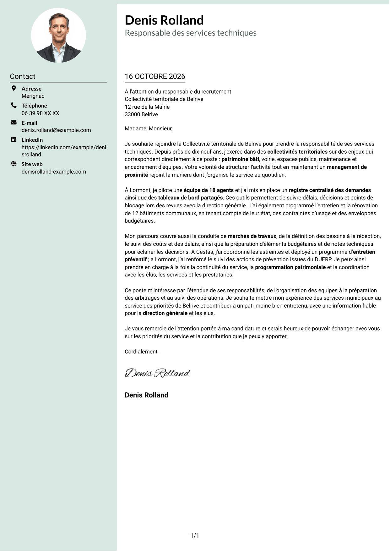 Lettre de motivation Cadre (format à colonne latérale douce avec photo arrondie) : Responsable des services techniques - Patrimoine bâti et travaux, page 1