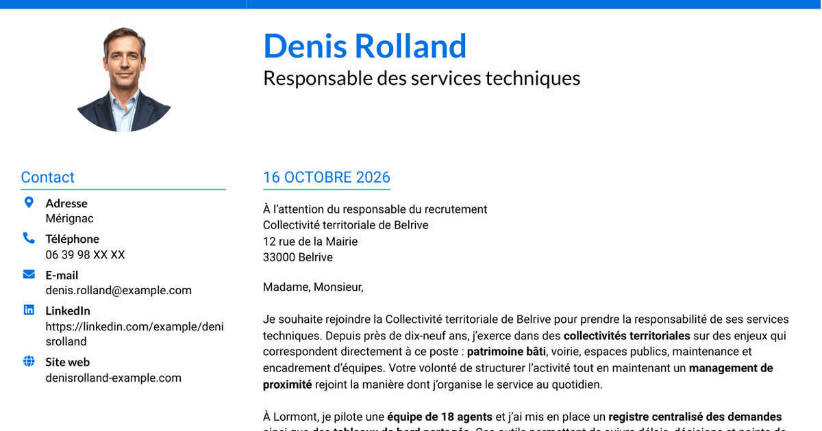7 modèles de lettre de motivation pour Responsable des services techniques - Patrimoine bâti et travaux, avec exemples