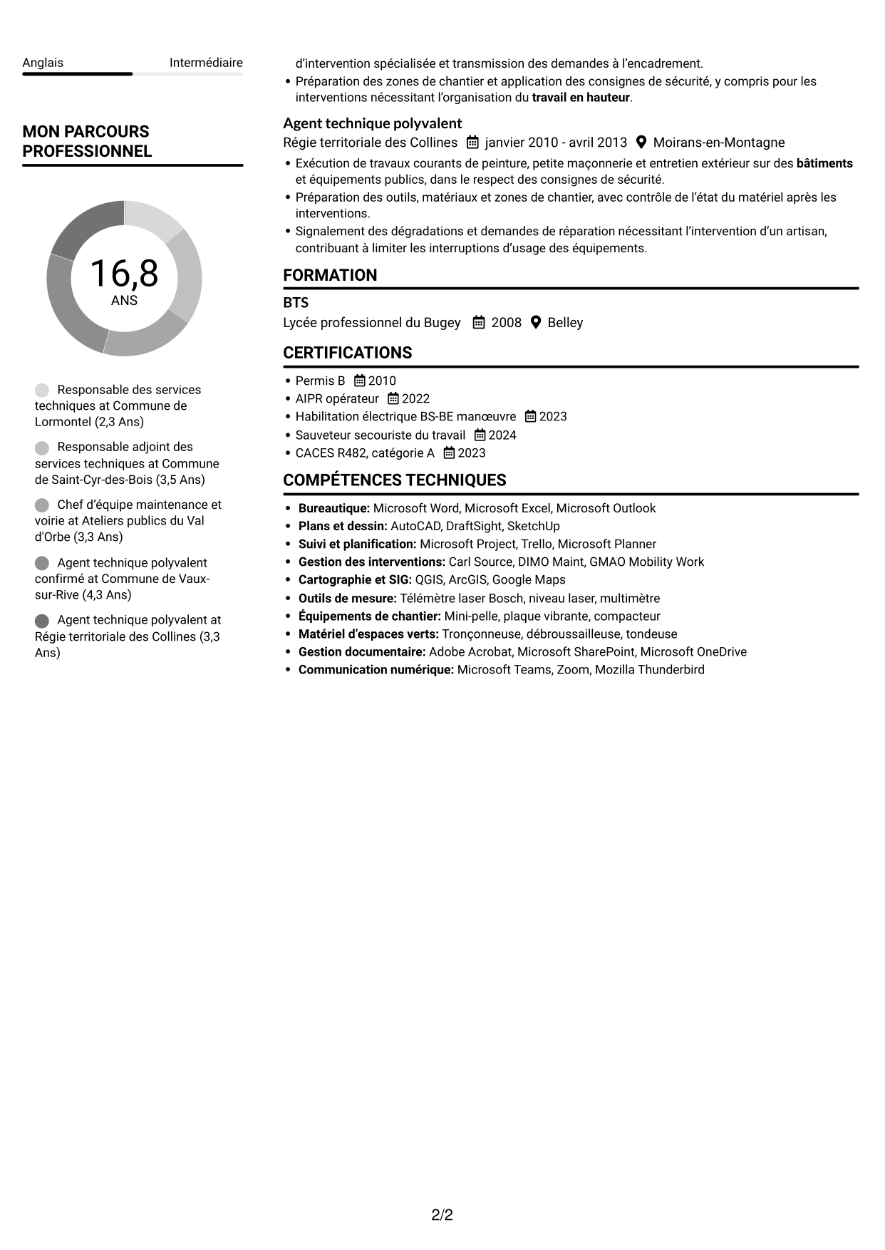 CV Compact (format sobre à deux colonnes avec photo) : Responsable des services techniques - Patrimoine communal, page 2