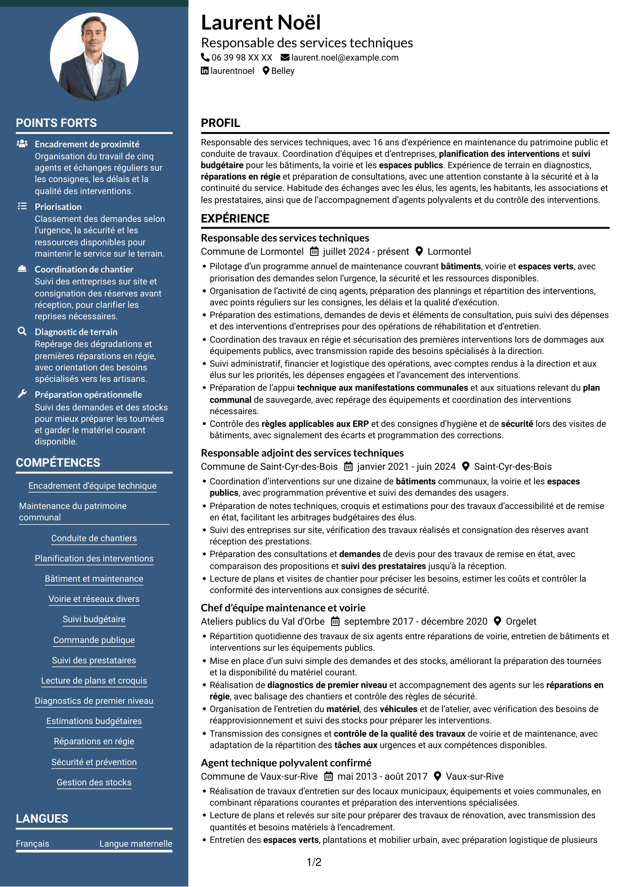 CV Élégant (format à colonne latérale colorée avec photo) : Responsable des services techniques - Patrimoine communal, page 1