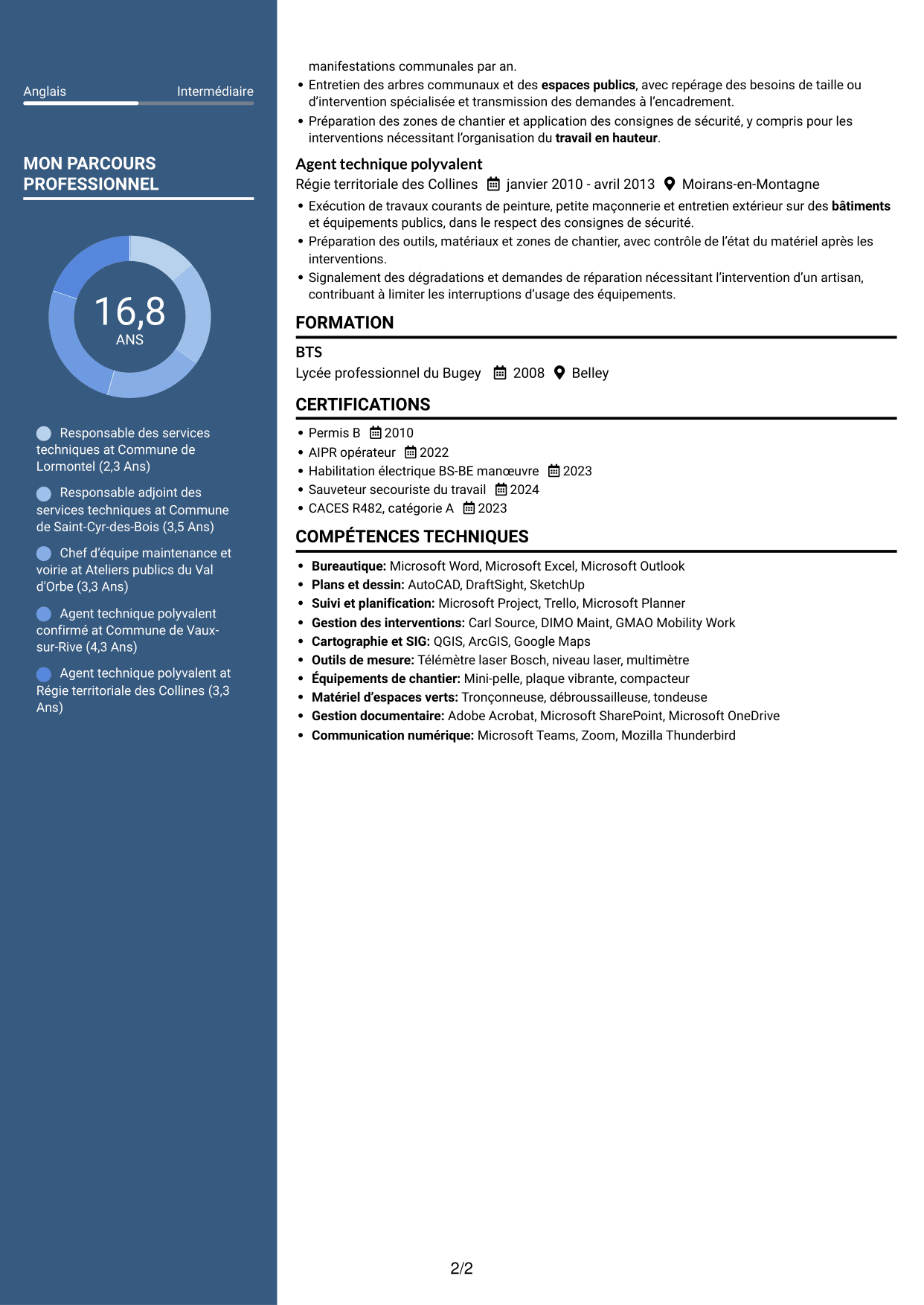CV Élégant (format à colonne latérale colorée avec photo) : Responsable des services techniques - Patrimoine communal, page 2