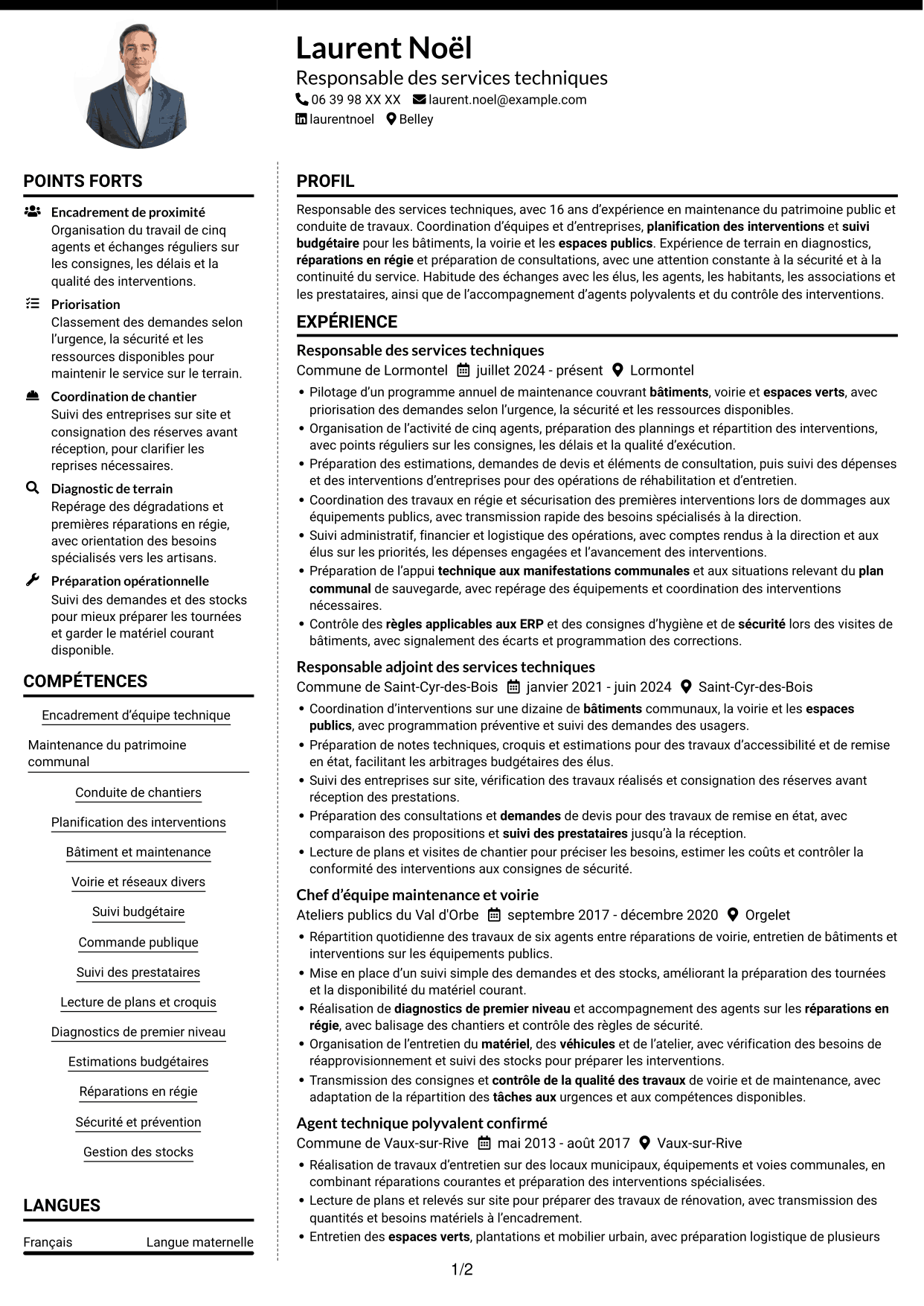 CV Moderne (format à deux colonnes avec photo à gauche et séparateur) : Responsable des services techniques - Patrimoine communal, page 1