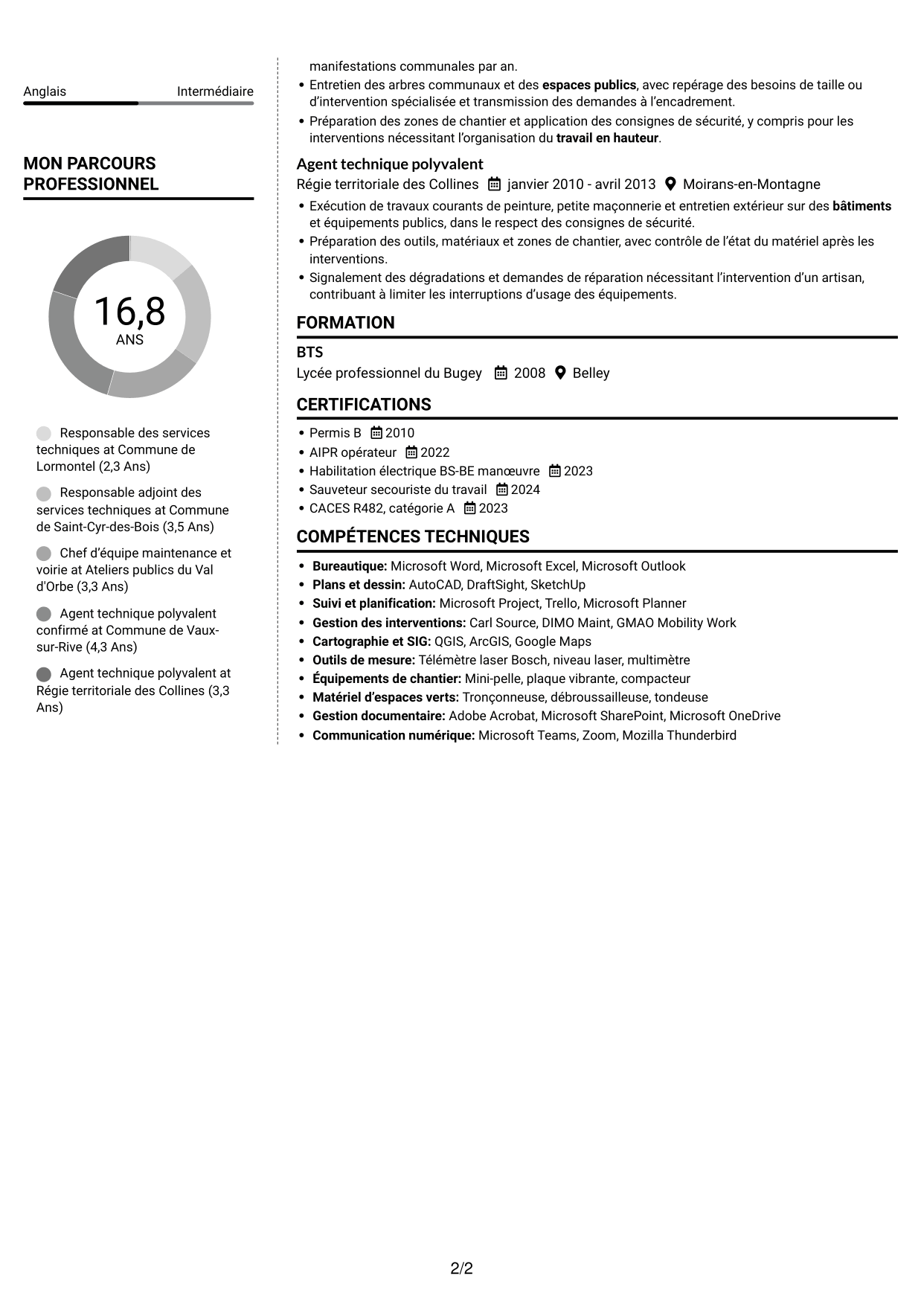 CV Moderne (format à deux colonnes avec photo à gauche et séparateur) : Responsable des services techniques - Patrimoine communal, page 2