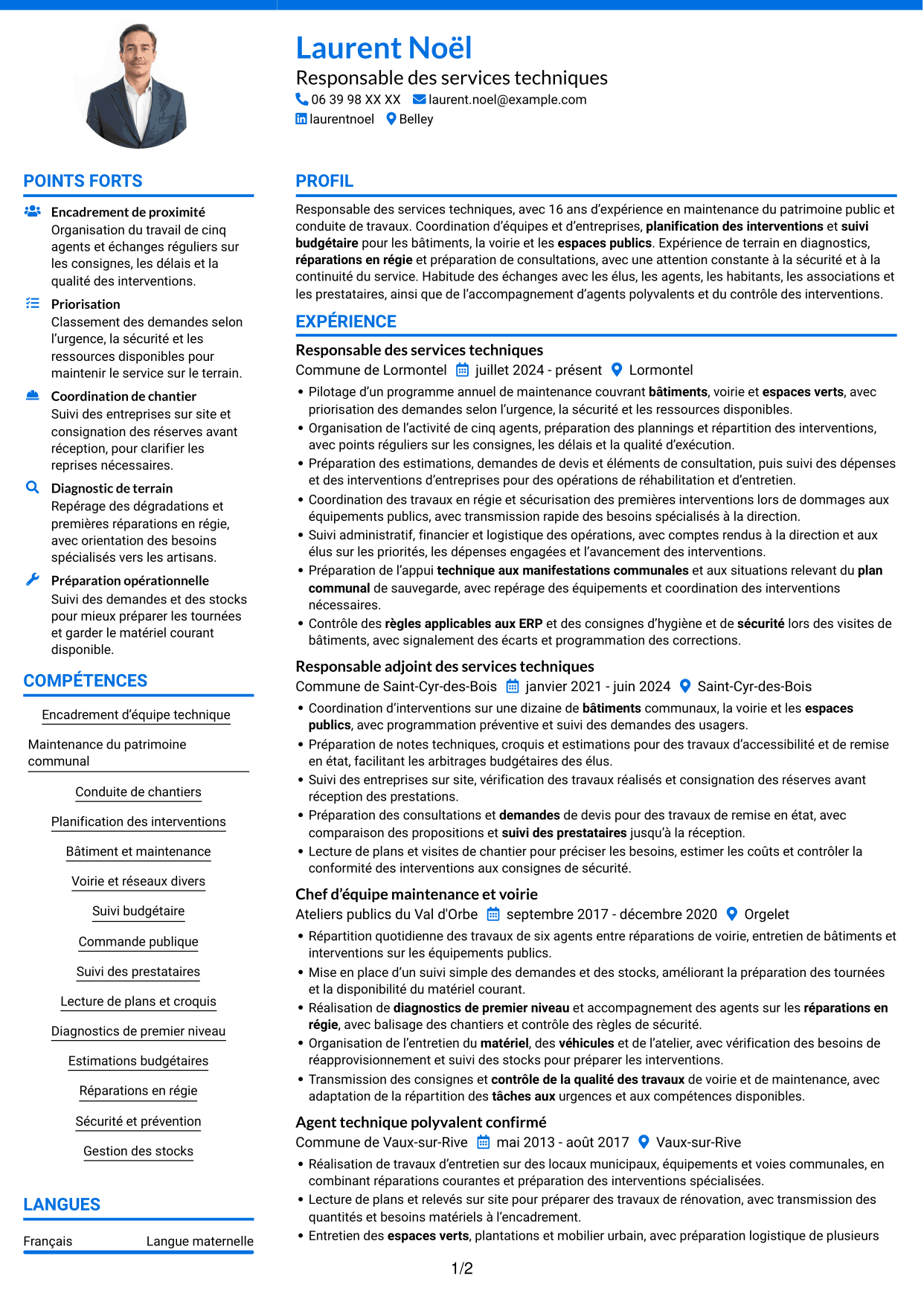 CV Audacieux (format à deux colonnes avec accents colorés et photo) : Responsable des services techniques - Patrimoine communal, page 1