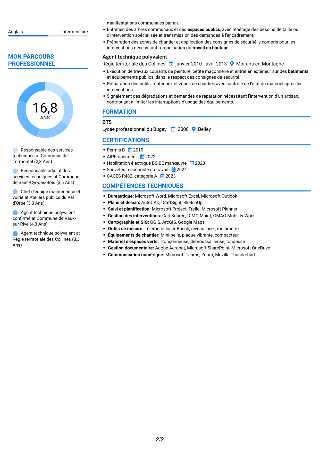 CV Audacieux (format à deux colonnes avec accents colorés et photo) : Responsable des services techniques - Patrimoine communal, page 2
