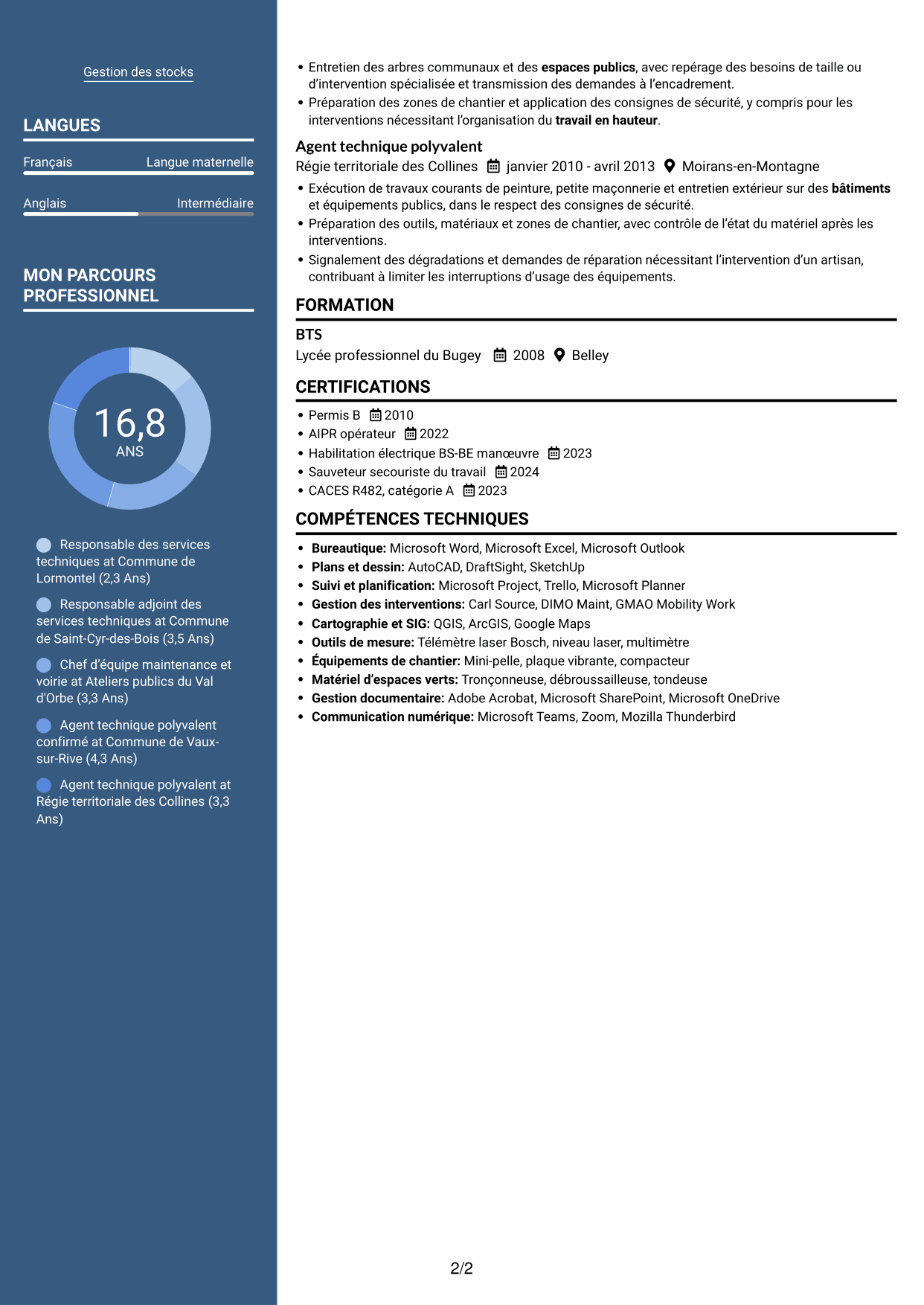 CV Signature (format à colonne latérale colorée avec grande photo) : Responsable des services techniques - Patrimoine communal, page 2
