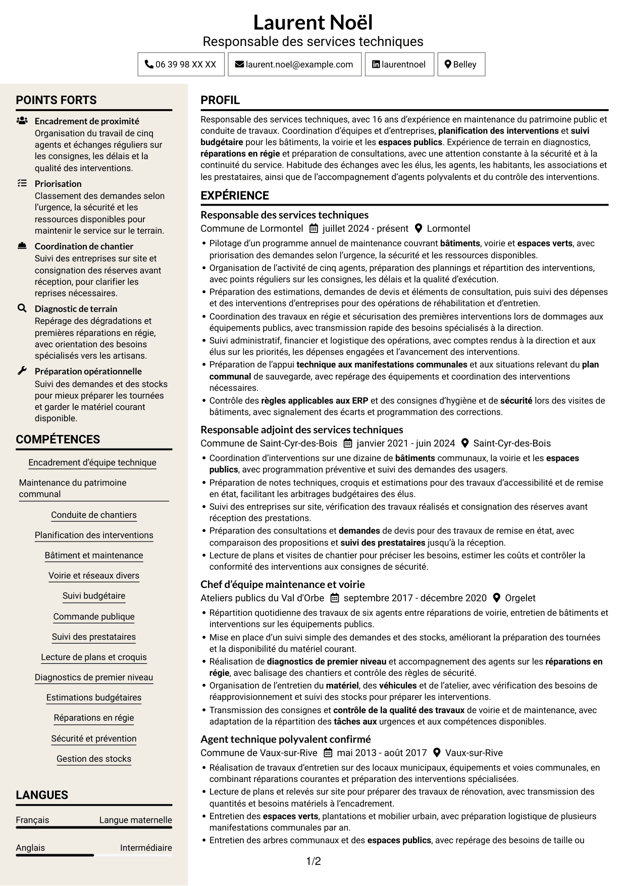 CV Fonceur (format à deux colonnes avec en-tête centré sans photo) : Responsable des services techniques - Patrimoine communal, page 1