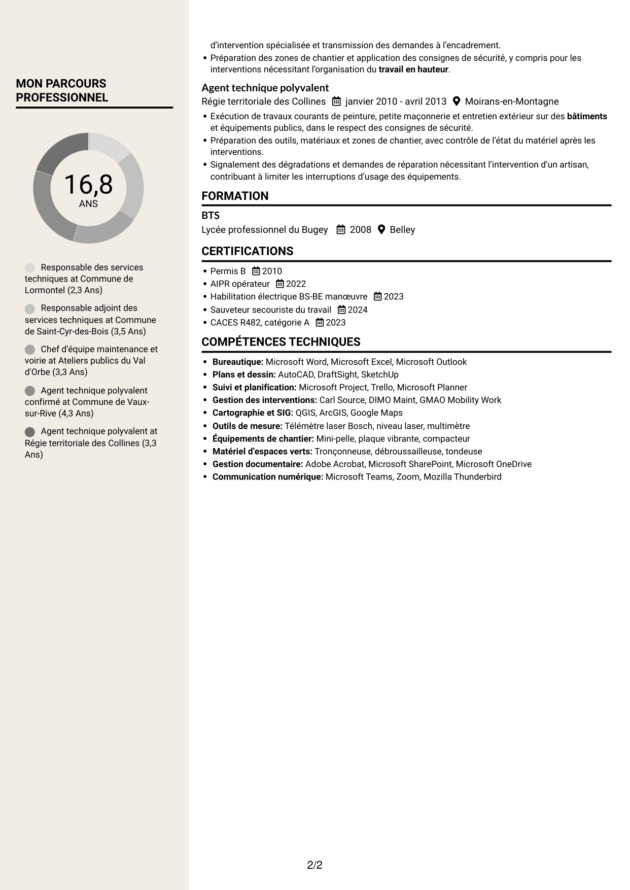 CV Fonceur (format à deux colonnes avec en-tête centré sans photo) : Responsable des services techniques - Patrimoine communal, page 2