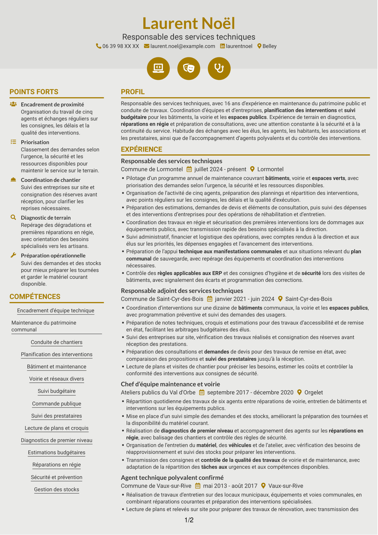 CV Dynamique (format à deux colonnes avec icônes) : Responsable des services techniques - Patrimoine communal, page 1