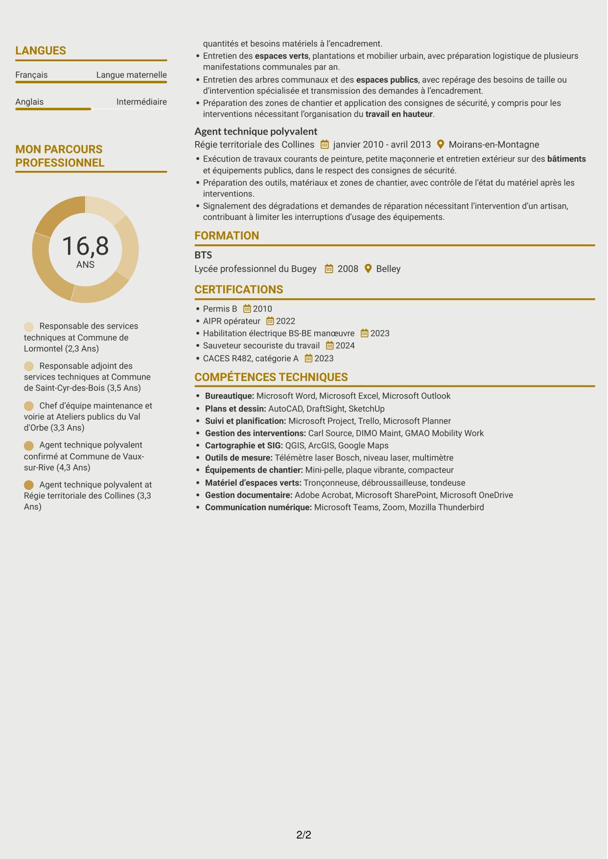 CV Dynamique (format à deux colonnes avec icônes) : Responsable des services techniques - Patrimoine communal, page 2