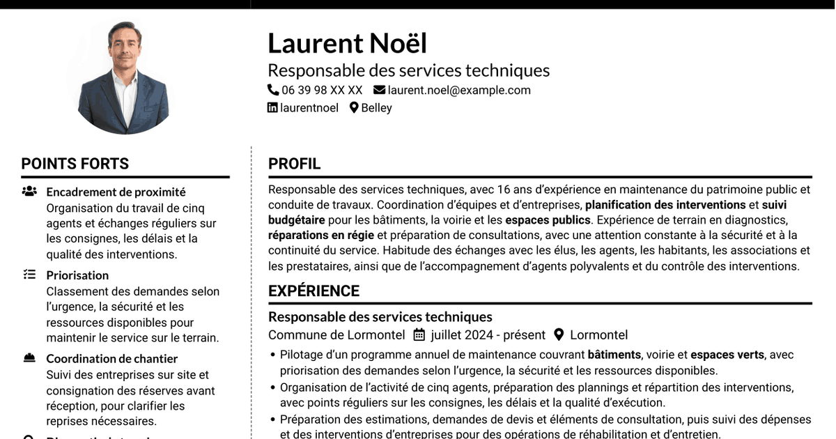 7 modèles de CV pour Responsable des services techniques - Patrimoine communal, avec exemples