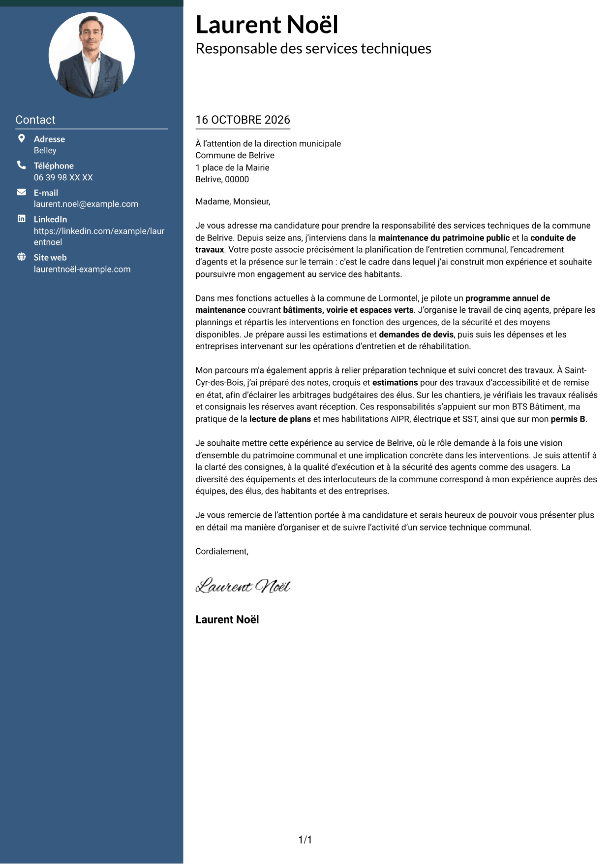 Lettre de motivation Élégant (format à colonne latérale colorée avec photo) : Responsable des services techniques - Patrimoine communal, page 1