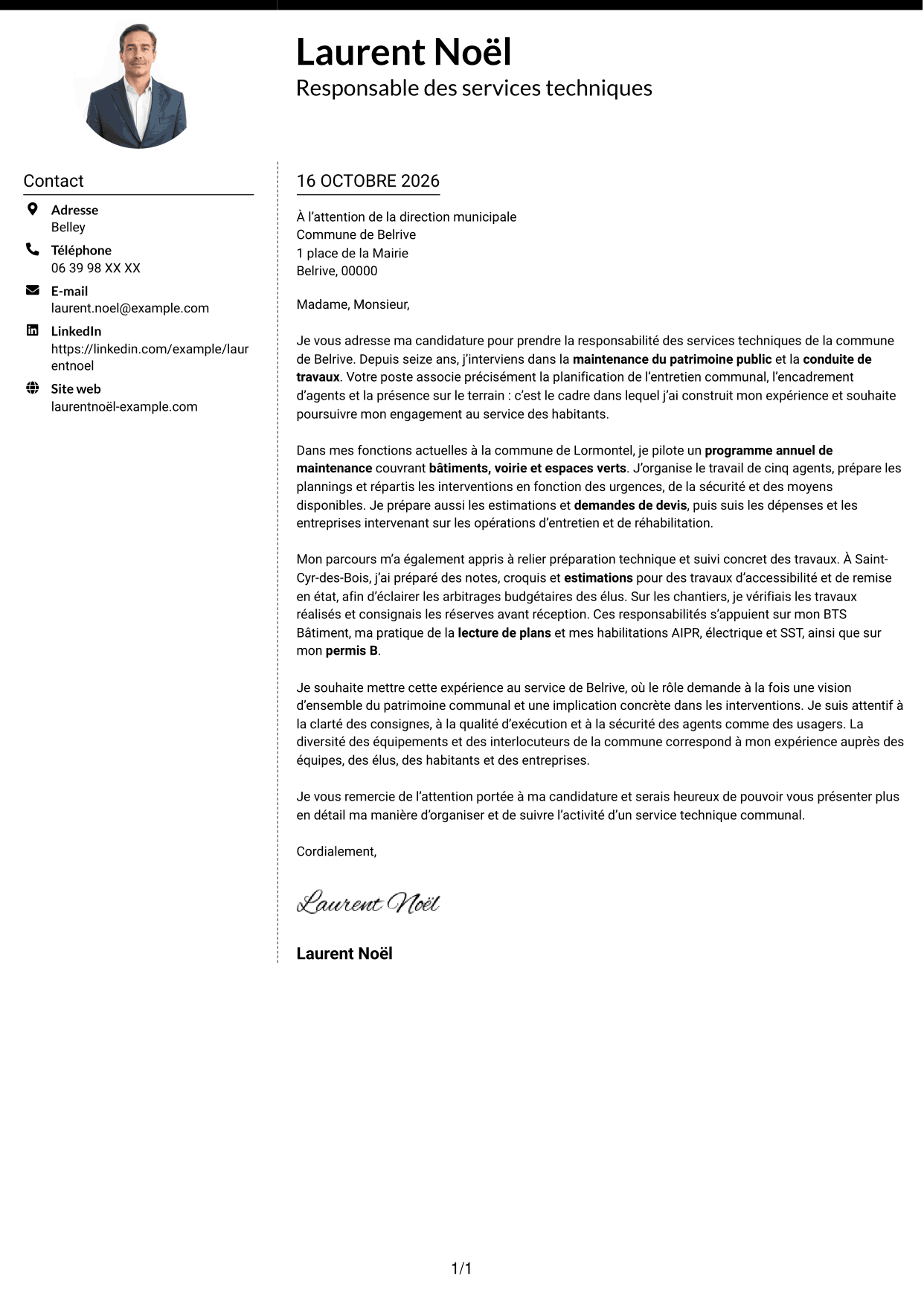Lettre de motivation Moderne (format à deux colonnes avec photo à gauche et séparateur) : Responsable des services techniques - Patrimoine communal, page 1
