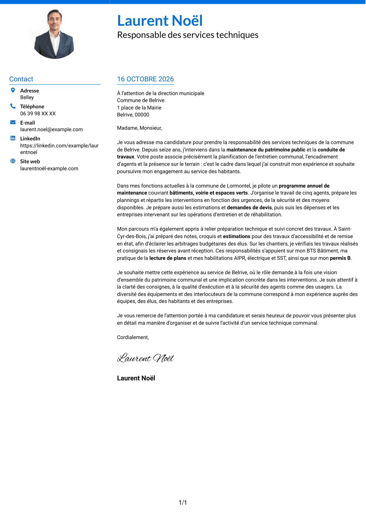 Lettre de motivation Audacieux (format à deux colonnes avec accents colorés et photo) : Responsable des services techniques - Patrimoine communal, page 1