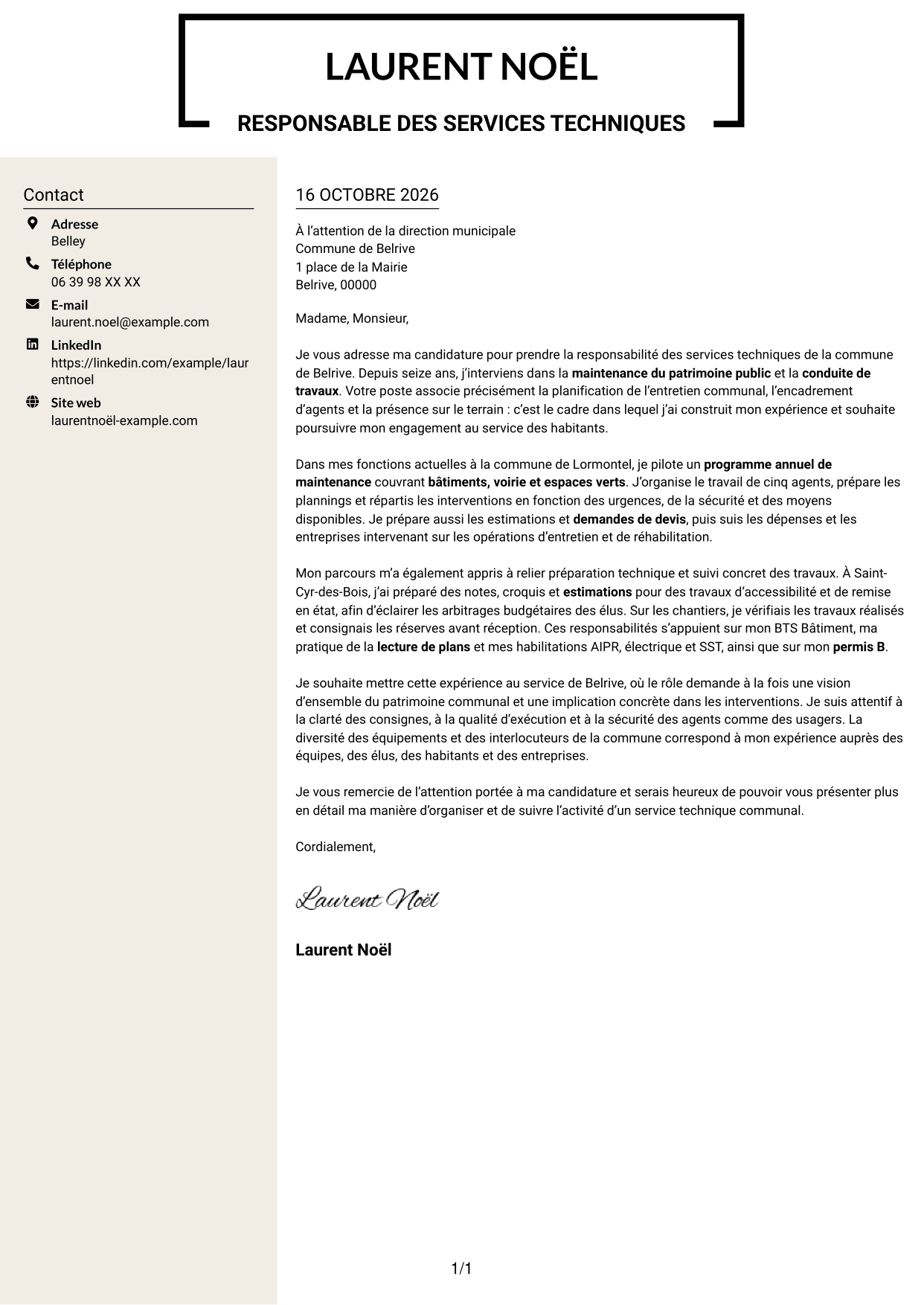 Lettre de motivation Fonceur (format à deux colonnes avec en-tête centré sans photo) : Responsable des services techniques - Patrimoine communal, page 1