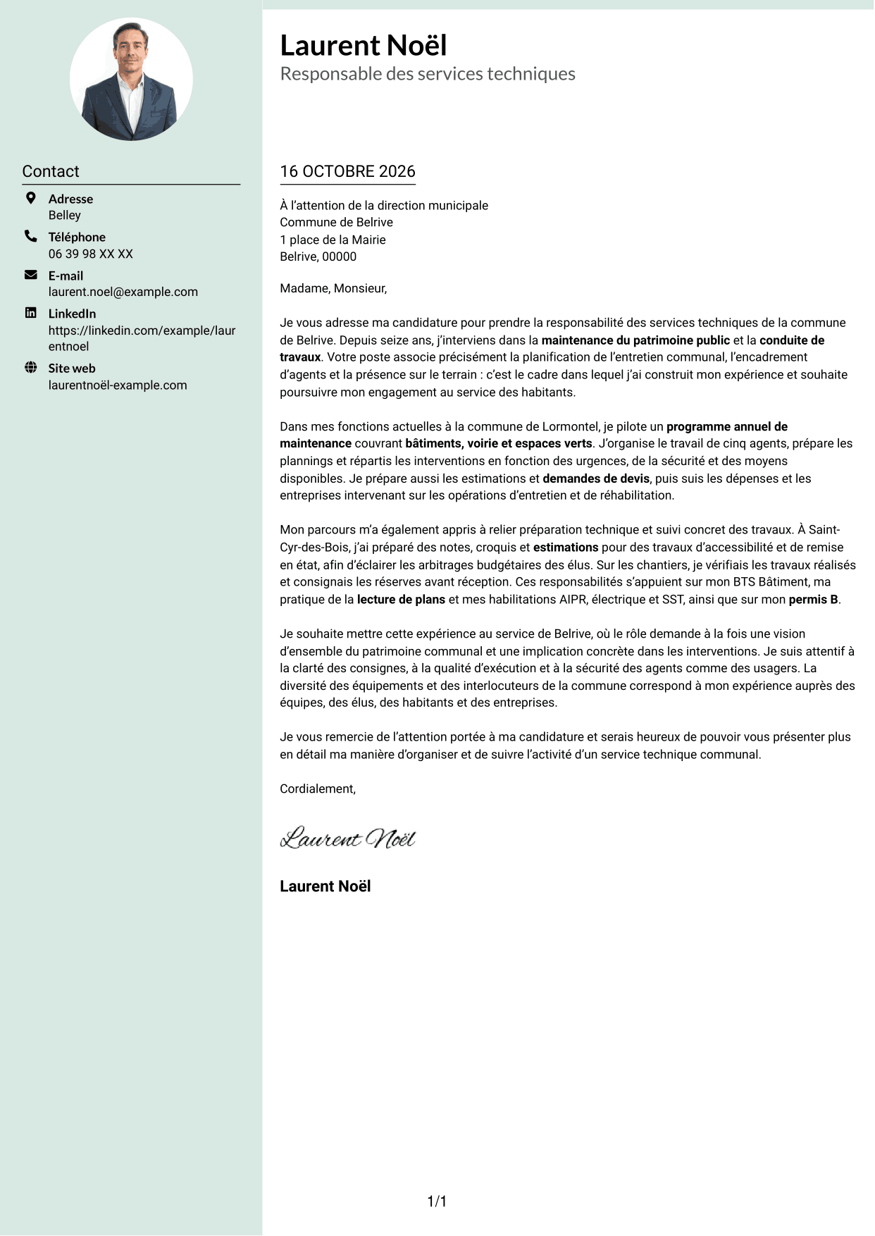 Lettre de motivation Cadre (format à colonne latérale douce avec photo arrondie) : Responsable des services techniques - Patrimoine communal, page 1