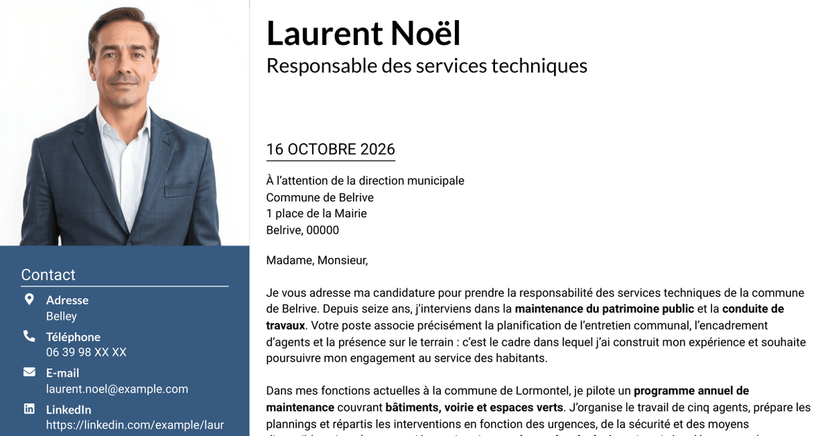 7 modèles de lettre de motivation pour Responsable des services techniques - Patrimoine communal, avec exemples
