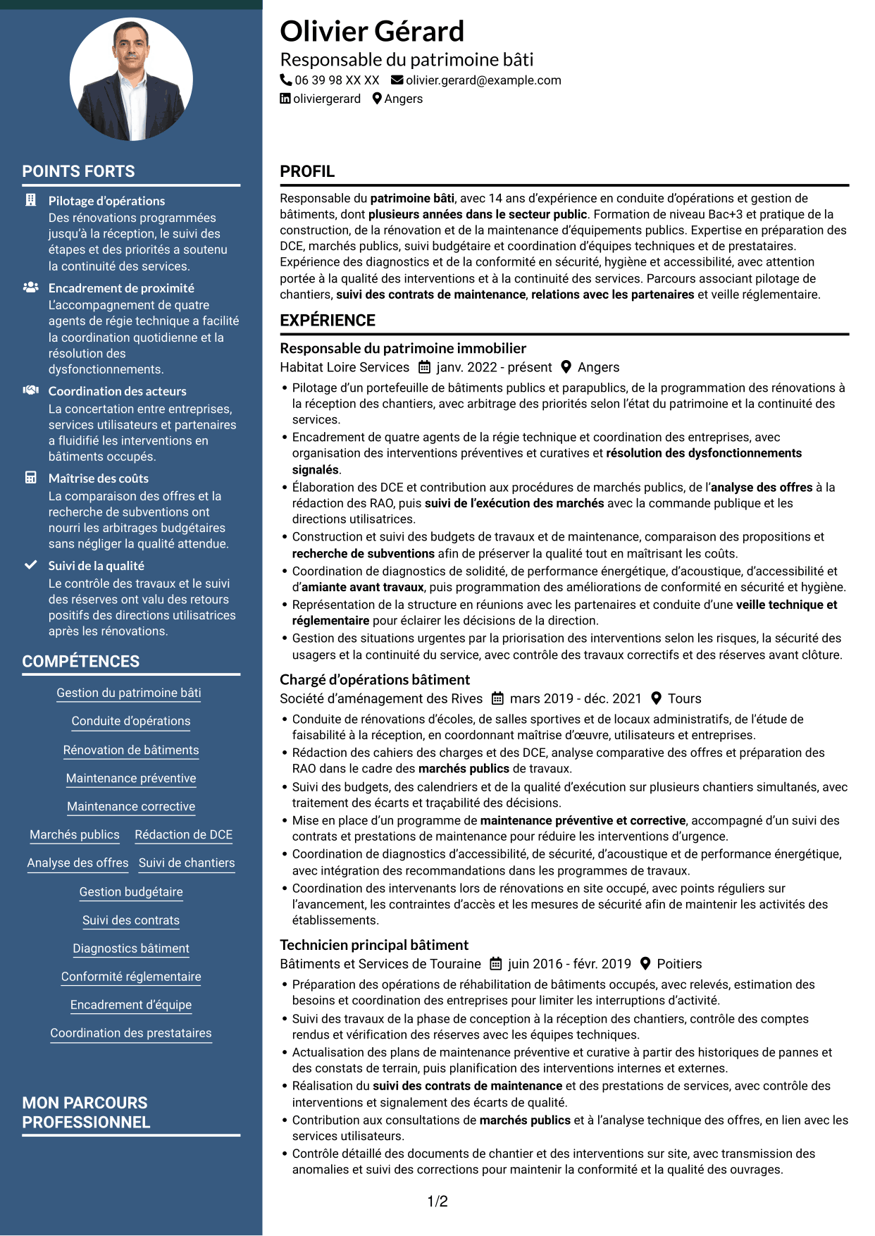 CV Élégant (format à colonne latérale colorée avec photo) : Responsable du patrimoine bâti - Bâtiments publics, page 1