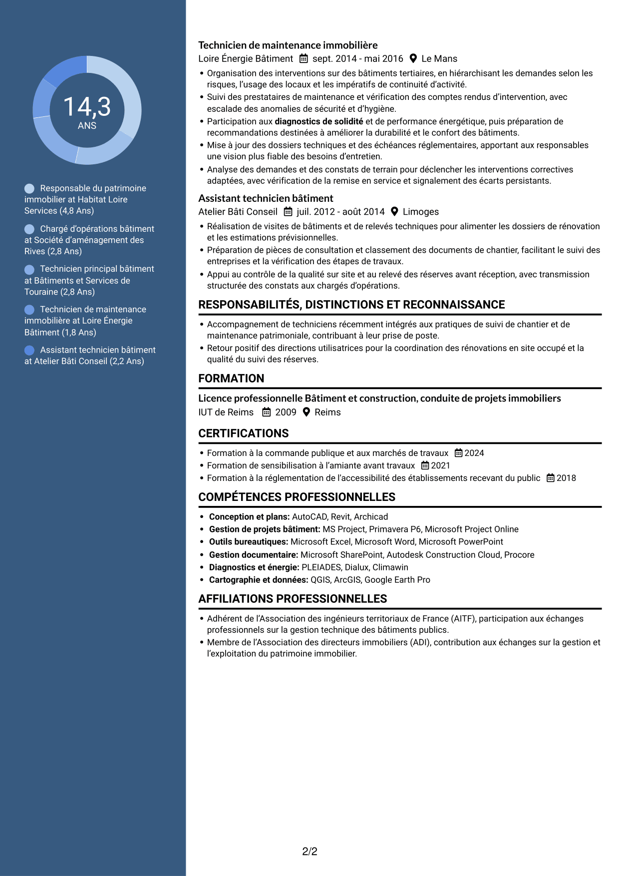 CV Élégant (format à colonne latérale colorée avec photo) : Responsable du patrimoine bâti - Bâtiments publics, page 2