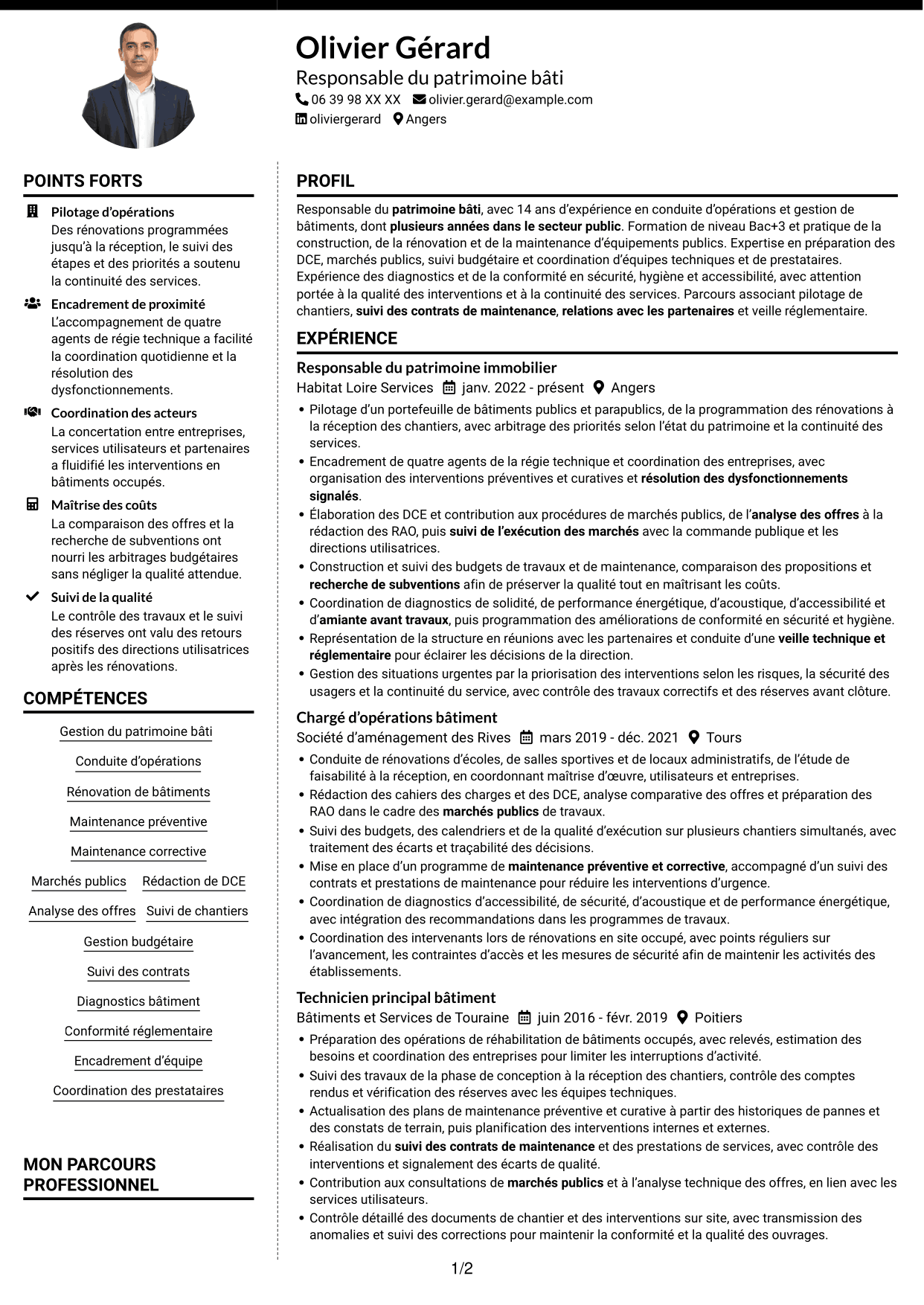 CV Moderne (format à deux colonnes avec photo à gauche et séparateur) : Responsable du patrimoine bâti - Bâtiments publics, page 1