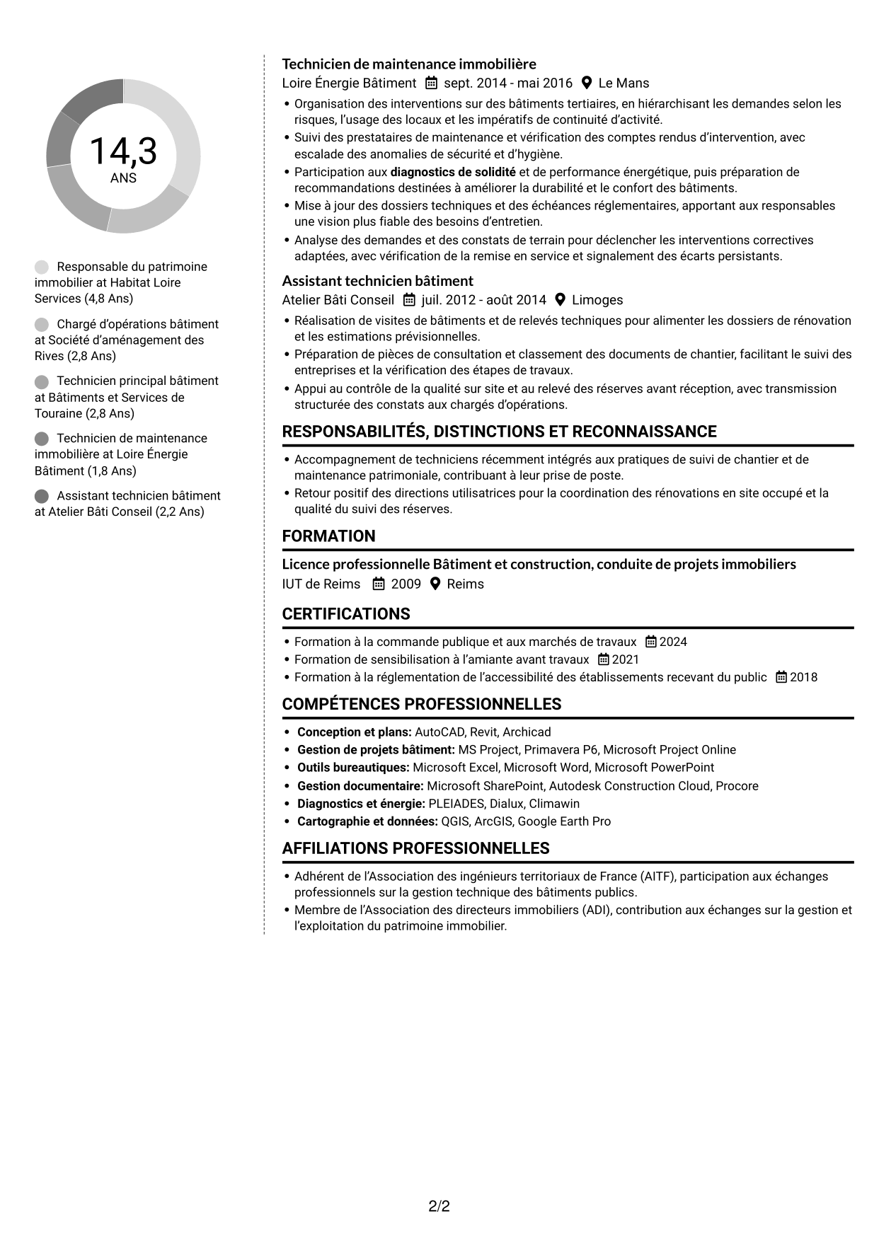 CV Moderne (format à deux colonnes avec photo à gauche et séparateur) : Responsable du patrimoine bâti - Bâtiments publics, page 2