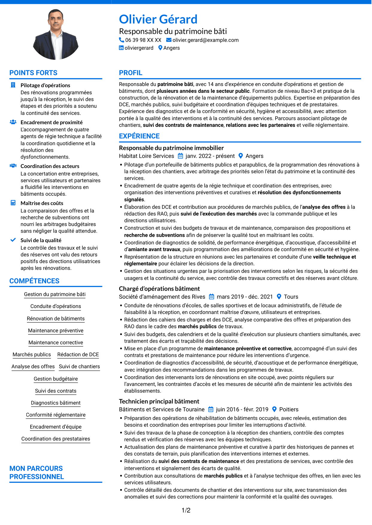 CV Audacieux (format à deux colonnes avec accents colorés et photo) : Responsable du patrimoine bâti - Bâtiments publics, page 1