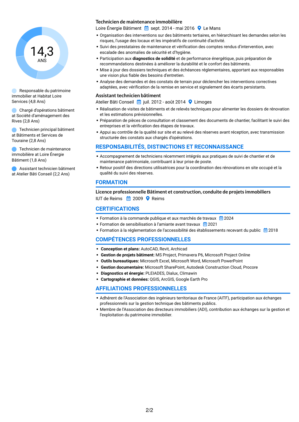 CV Audacieux (format à deux colonnes avec accents colorés et photo) : Responsable du patrimoine bâti - Bâtiments publics, page 2