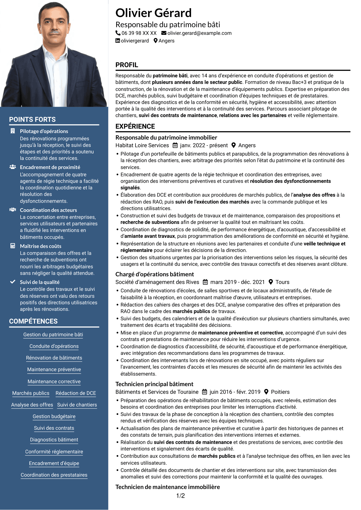 CV Signature (format à colonne latérale colorée avec grande photo) : Responsable du patrimoine bâti - Bâtiments publics, page 1