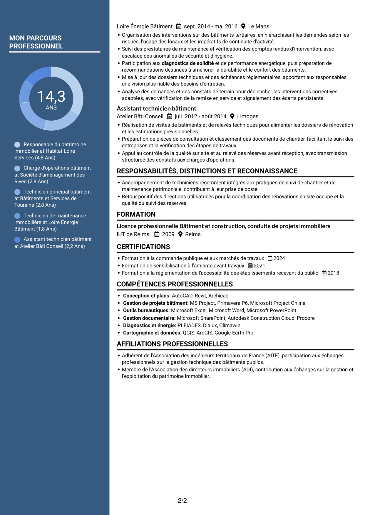 CV Signature (format à colonne latérale colorée avec grande photo) : Responsable du patrimoine bâti - Bâtiments publics, page 2