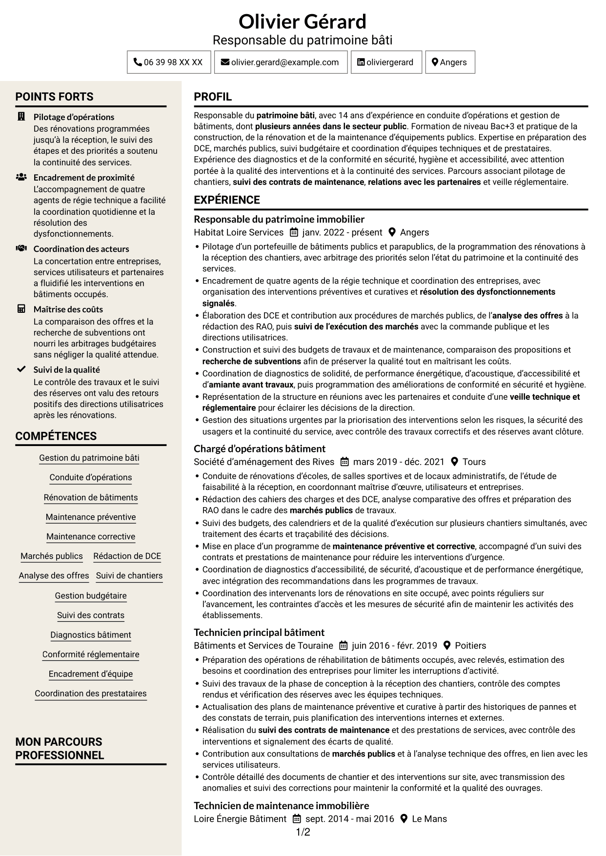 CV Fonceur (format à deux colonnes avec en-tête centré sans photo) : Responsable du patrimoine bâti - Bâtiments publics, page 1