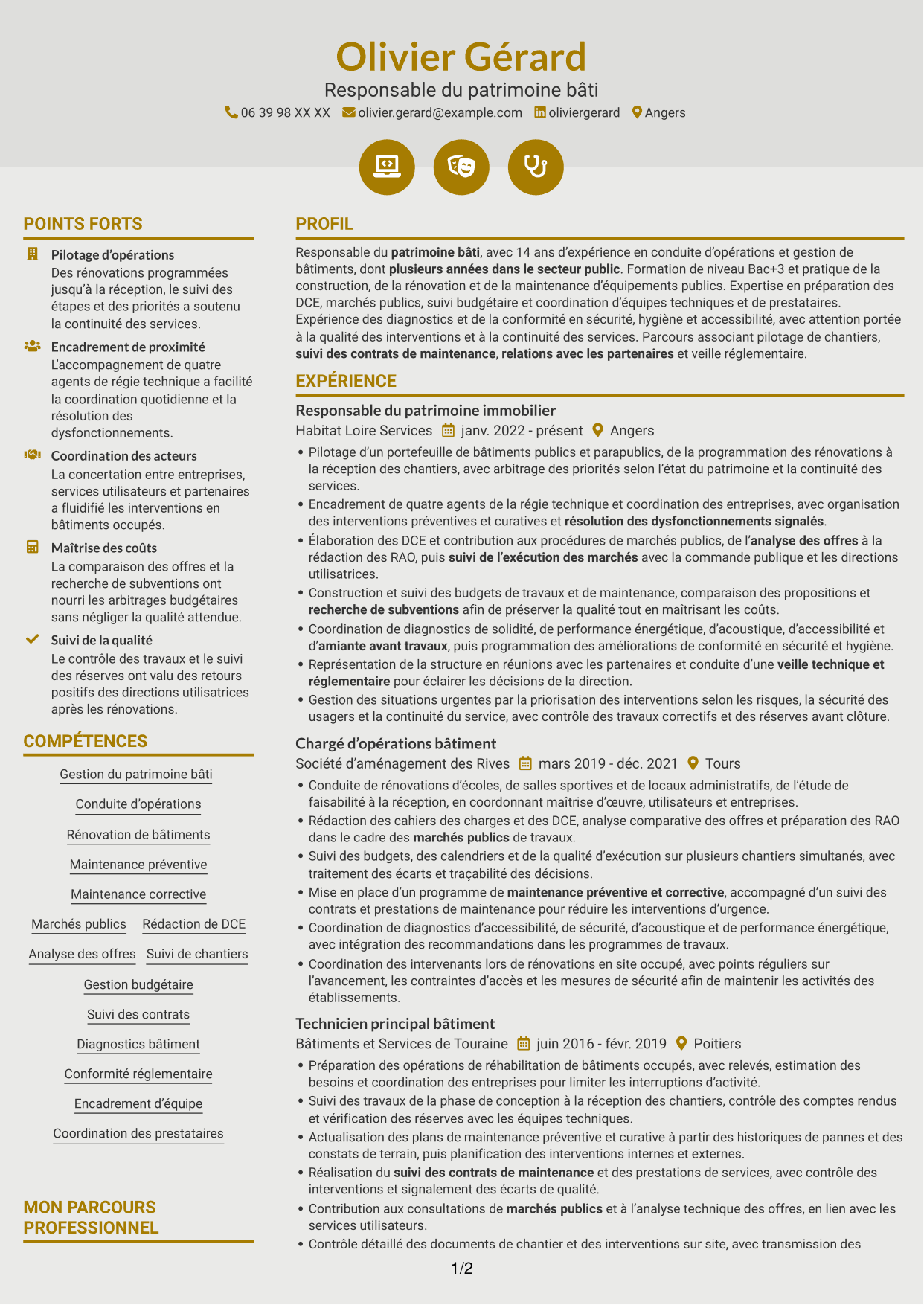 CV Dynamique (format à deux colonnes avec icônes) : Responsable du patrimoine bâti - Bâtiments publics, page 1