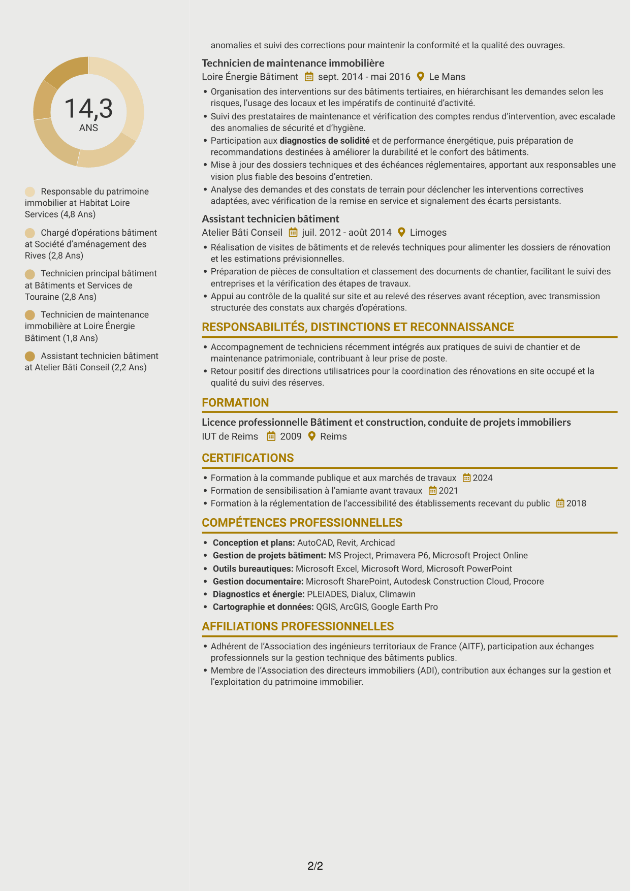 CV Dynamique (format à deux colonnes avec icônes) : Responsable du patrimoine bâti - Bâtiments publics, page 2