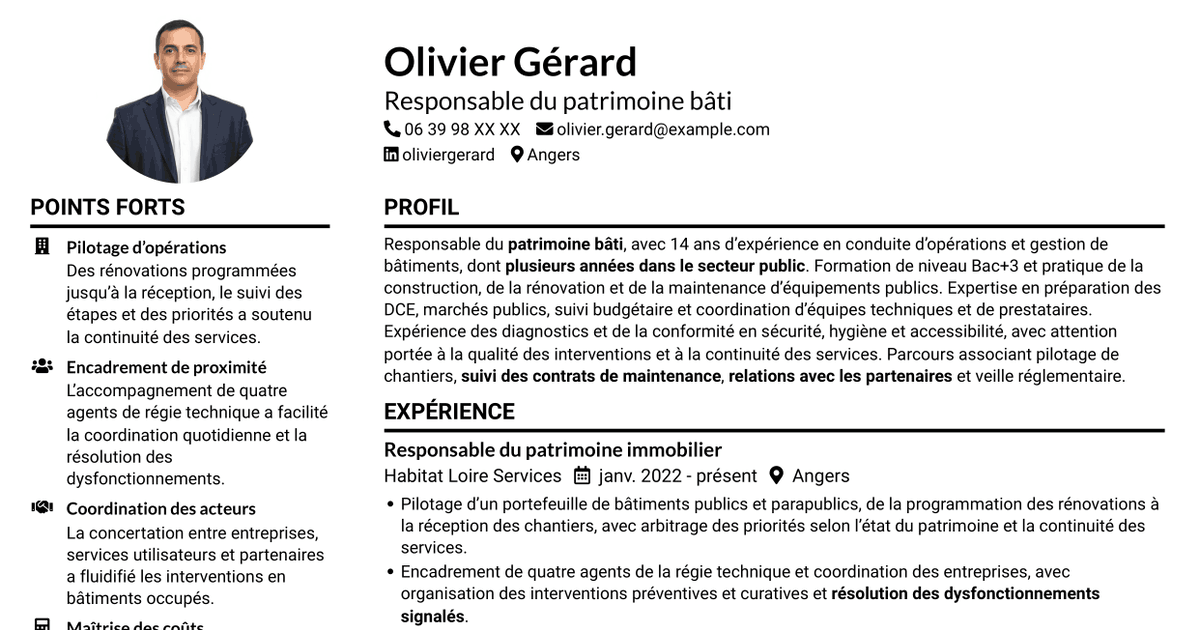 7 modèles de CV pour Responsable du patrimoine bâti - Bâtiments publics, avec exemples
