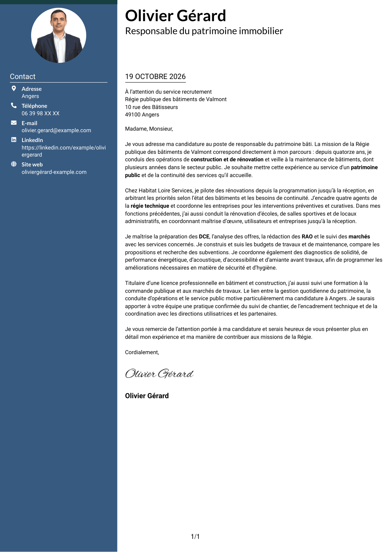 Lettre de motivation Élégant (format à colonne latérale colorée avec photo) : Responsable du patrimoine bâti - Bâtiments publics, page 1