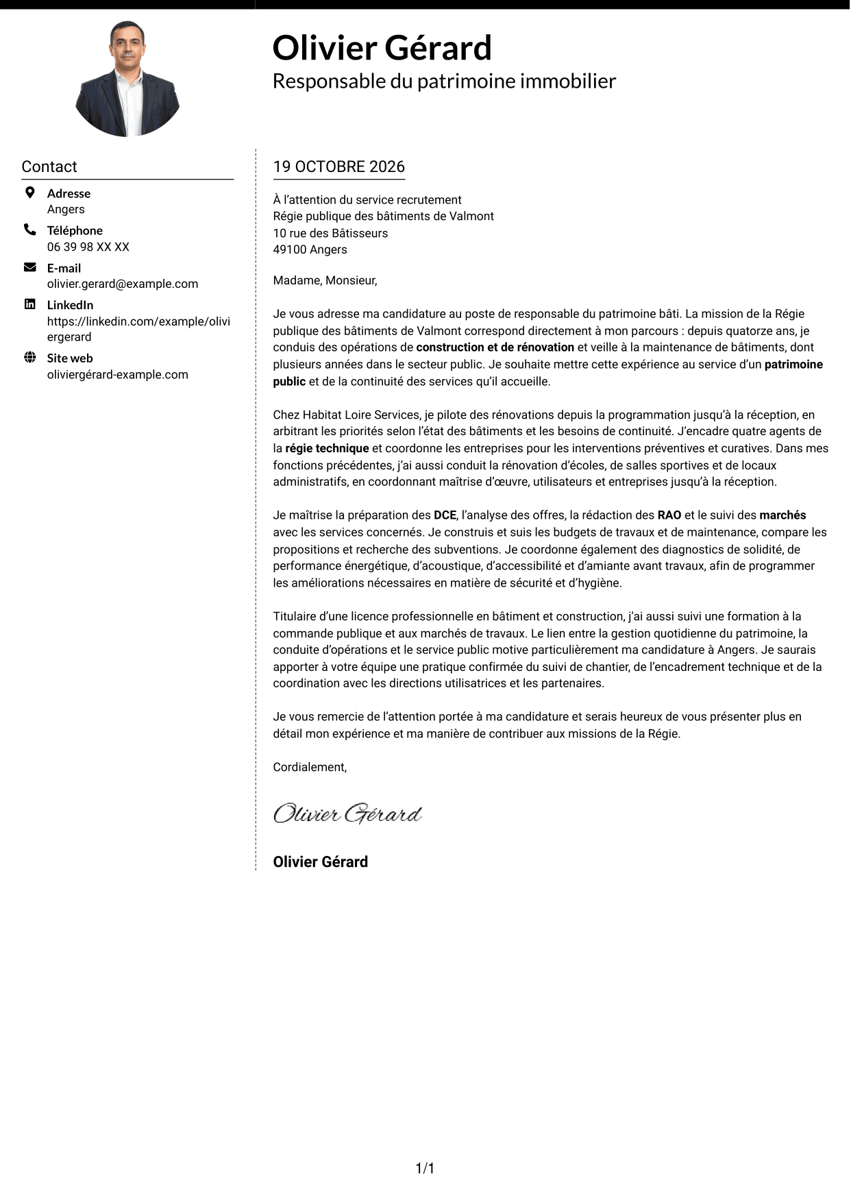 Lettre de motivation Moderne (format à deux colonnes avec photo à gauche et séparateur) : Responsable du patrimoine bâti - Bâtiments publics, page 1