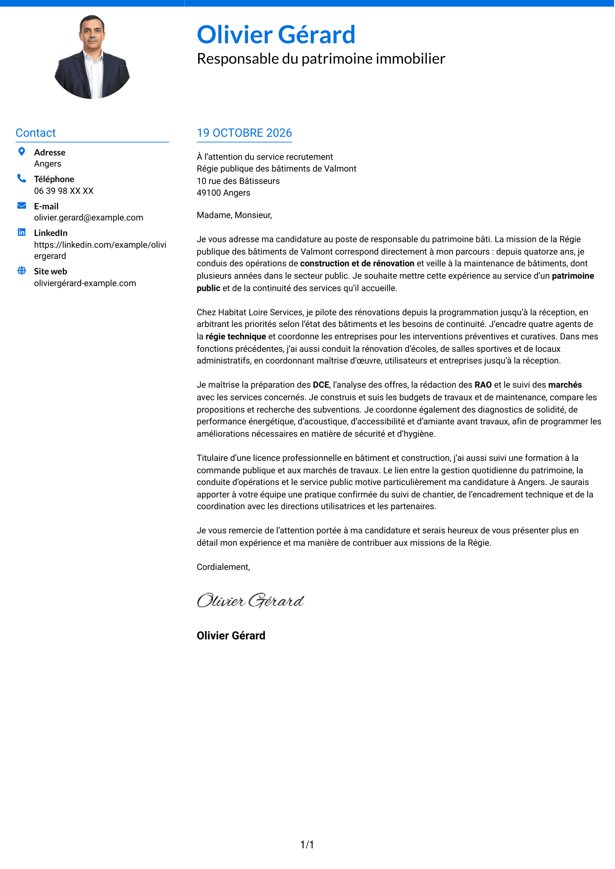 Lettre de motivation Audacieux (format à deux colonnes avec accents colorés et photo) : Responsable du patrimoine bâti - Bâtiments publics, page 1