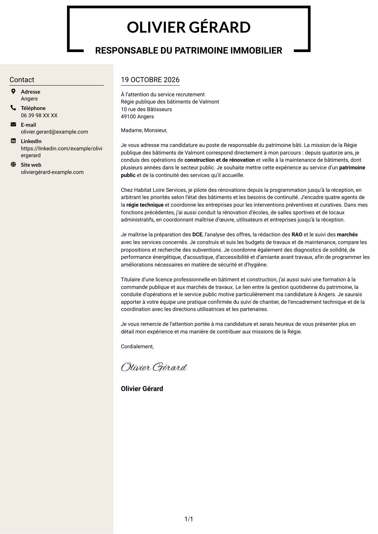 Lettre de motivation Fonceur (format à deux colonnes avec en-tête centré sans photo) : Responsable du patrimoine bâti - Bâtiments publics, page 1